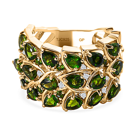GP Leaf Collection - Natural Chrome Diopside & Natural Zircon Ring in 18K Yellow Gold Vermeil Plated Sterling Silver 3.28 Ct