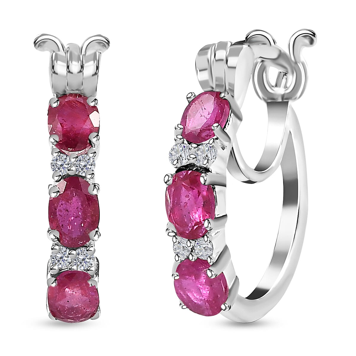 Ruby (FF) and Natural Zircon Hoop Earrings in Sterling Silver 1.40 Ct