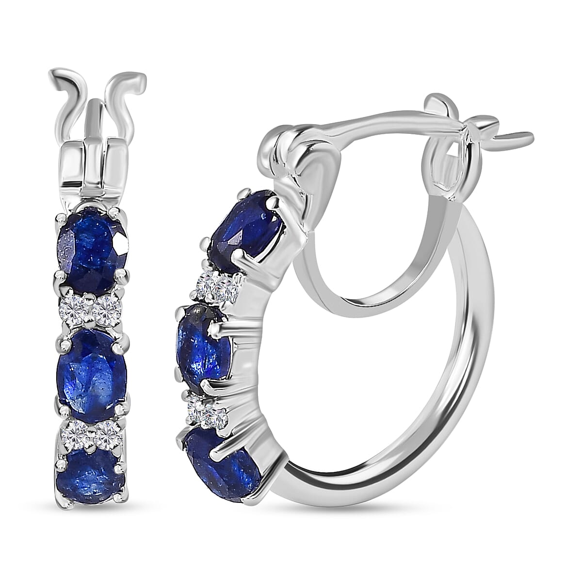 Blue Sapphire and Natural Zircon Hoop Earrings in Sterling Silver 1.74 Ct.
