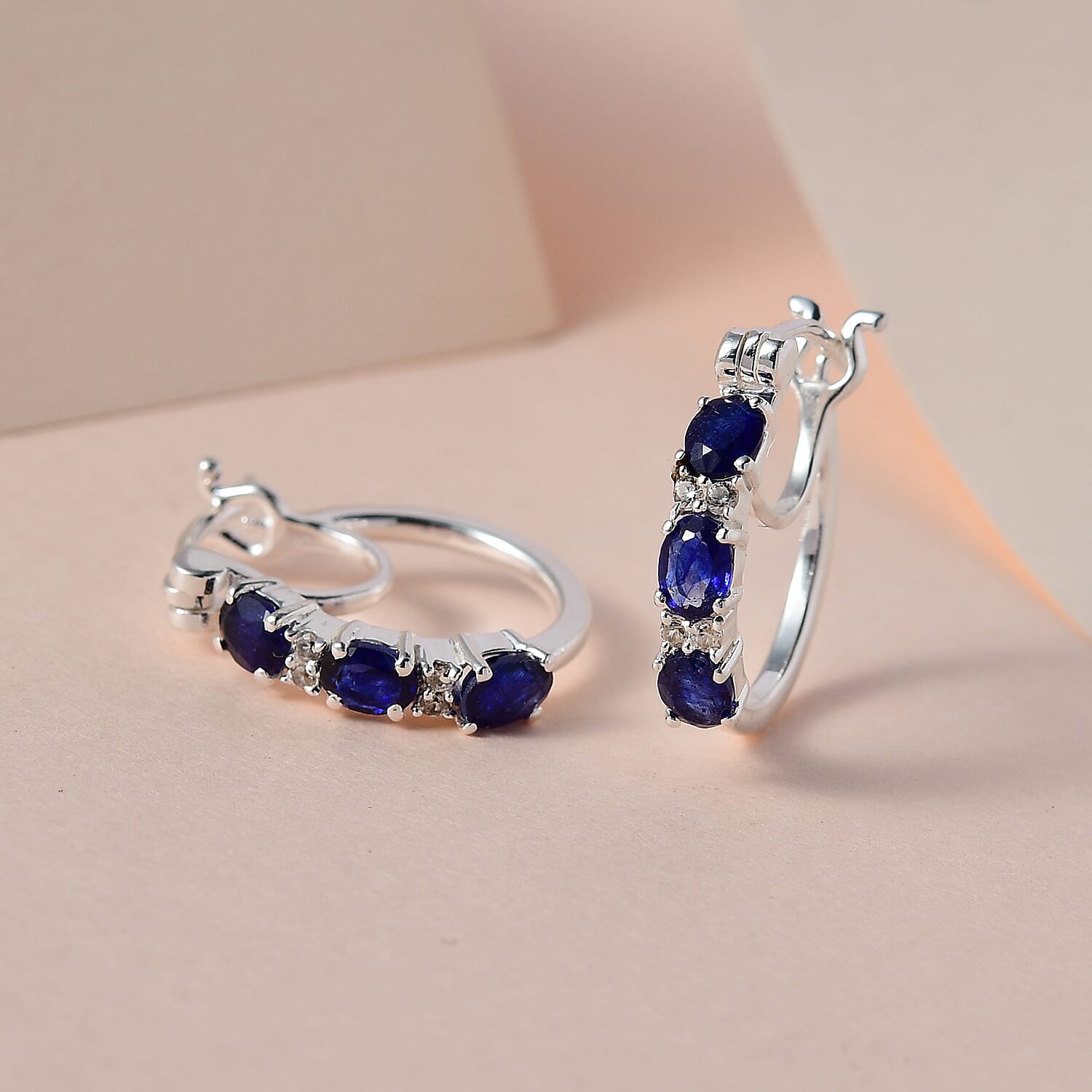 Blue Sapphire and Natural Zircon Hoop Earrings in Sterling Silver 1.74 Ct.