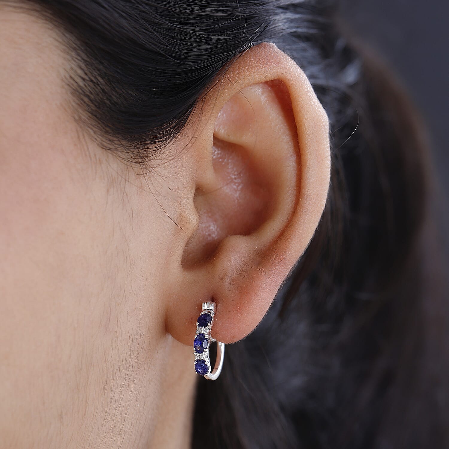 Blue Sapphire and Natural Zircon Hoop Earrings in Sterling Silver 1.74 Ct.