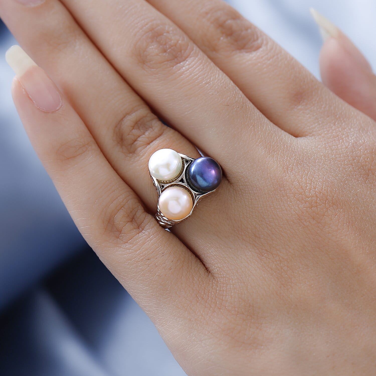 GP Pearl Collection - Yellow, Tahiti & White Pearl Ring in Platinum Overlay Sterling Silver 6.84 Ct, Silver Wt. 6.61 Gms