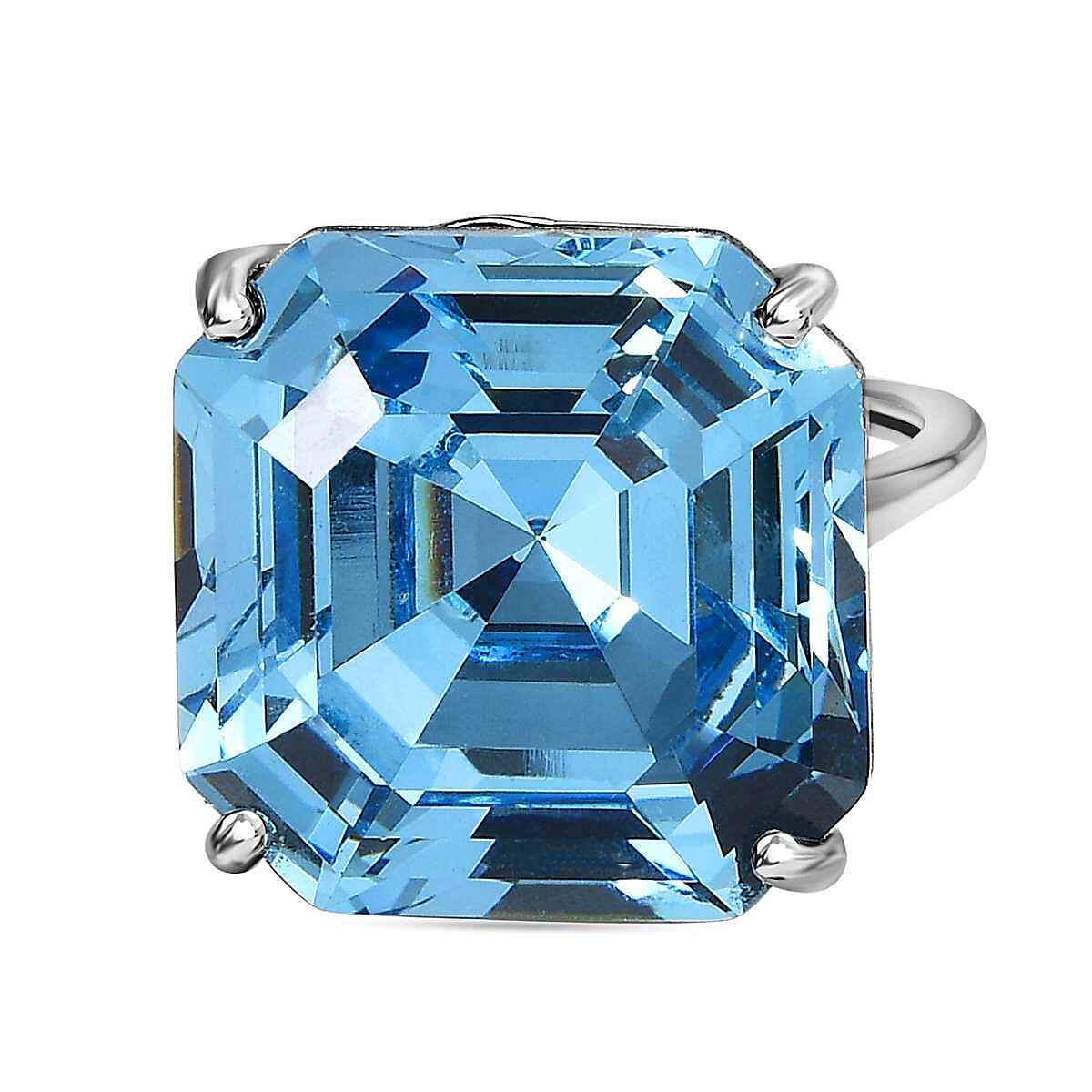 Aquamarine Crystal Solitaire Ring in Platinum Overlay Sterling Silver 25.37 Ct