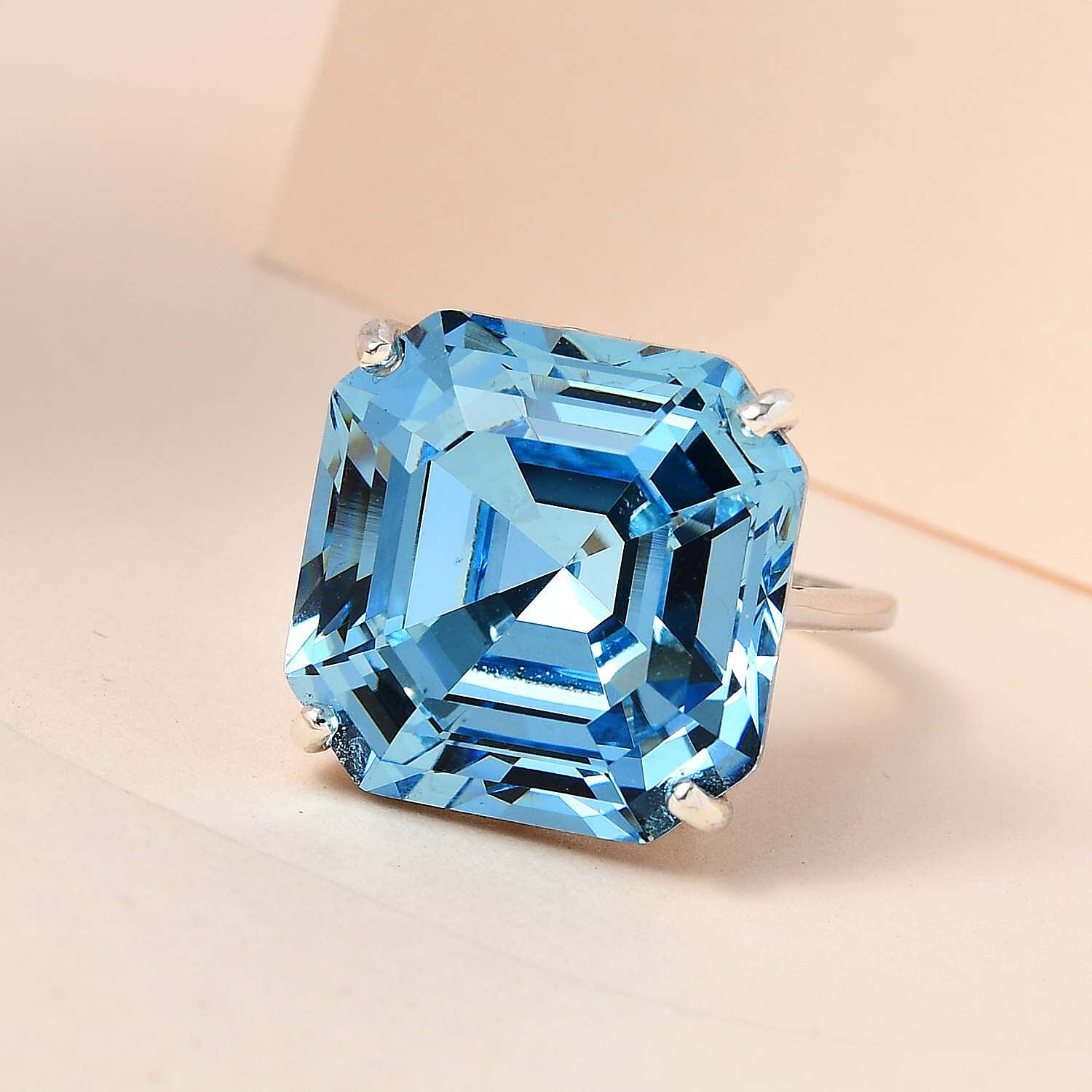 Aquamarine Crystal Solitaire Ring in Platinum Overlay Sterling Silver 25.37 Ct