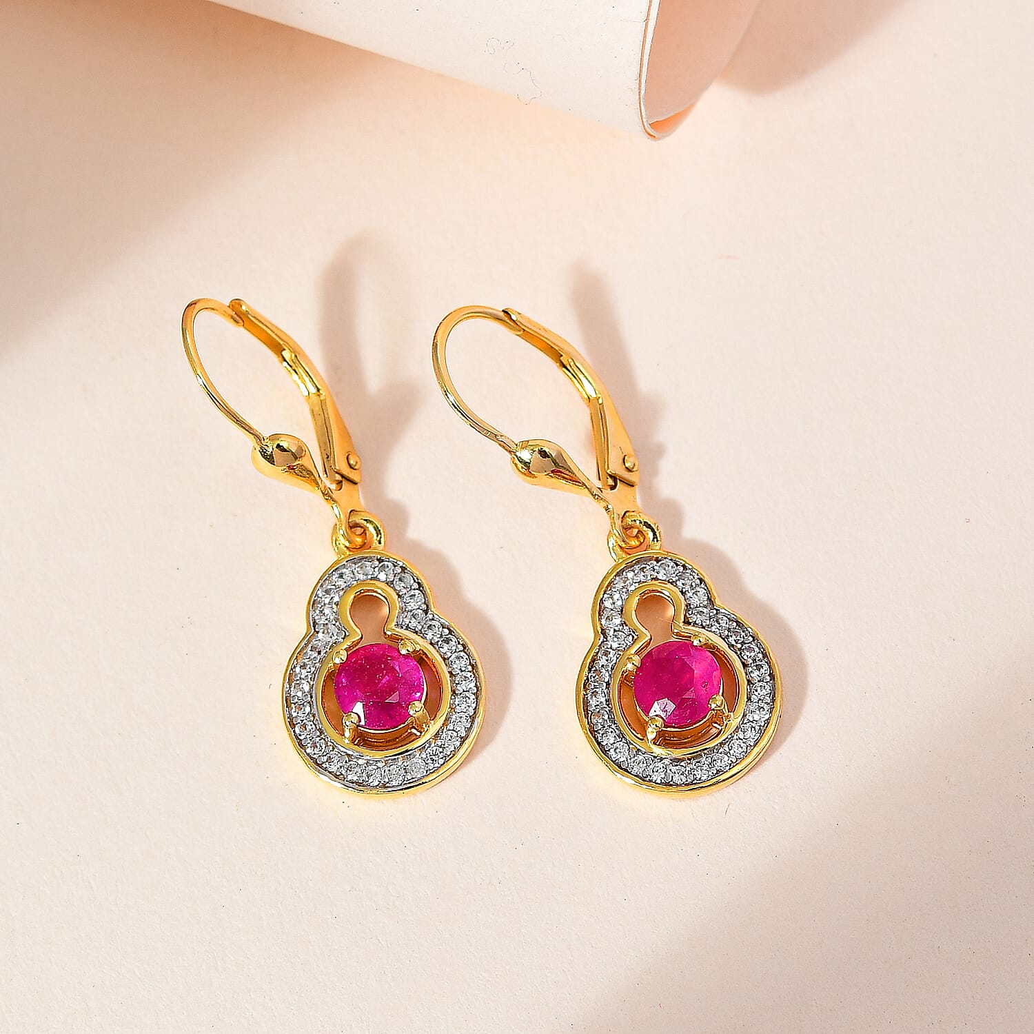 Niassa Ruby & Natural Zircon Earrings in 18K Yellow Gold Vermeil Plated Sterling Silver 2.03 Ct.