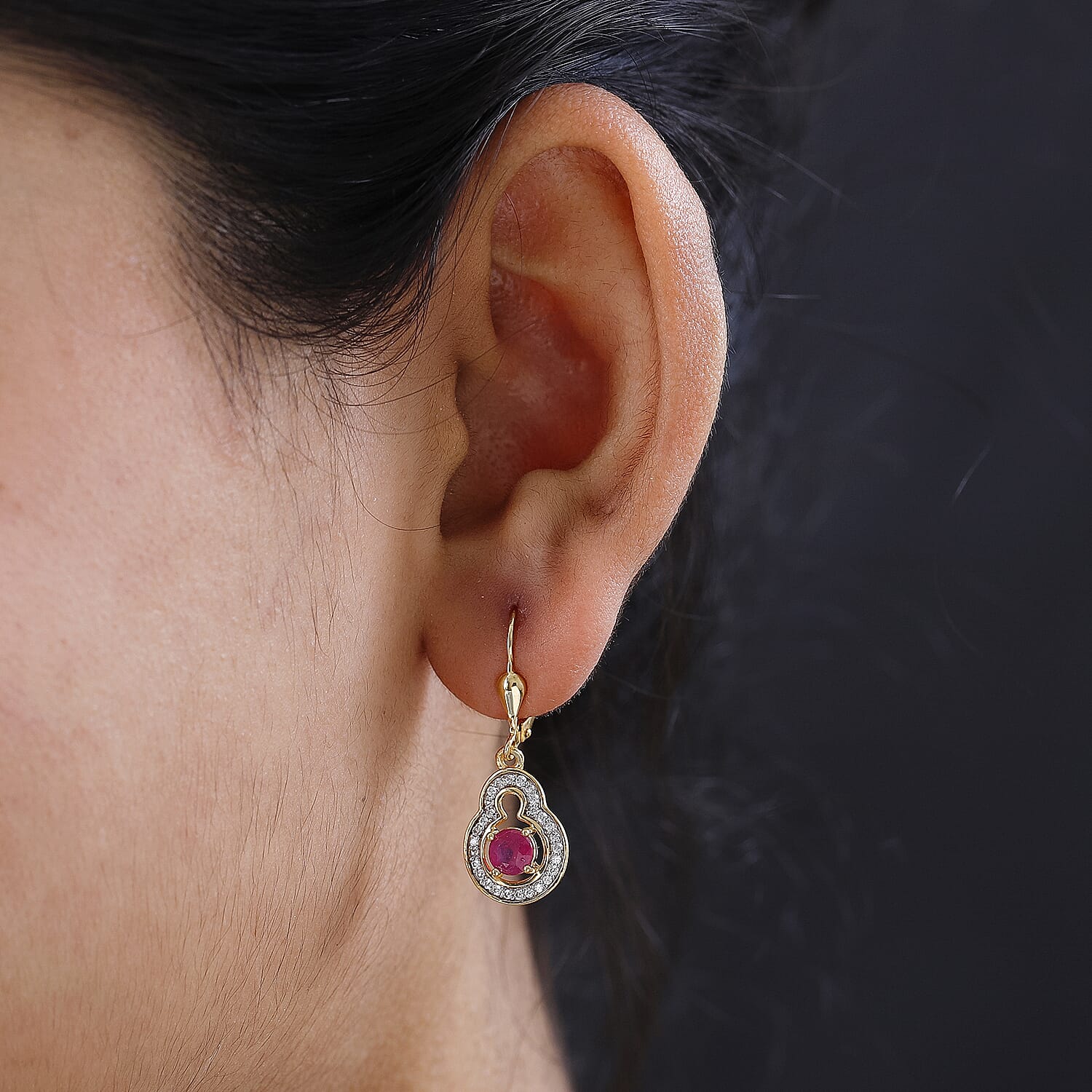 Niassa Ruby & Natural Zircon Earrings in 18K Yellow Gold Vermeil Plated Sterling Silver 2.03 Ct.