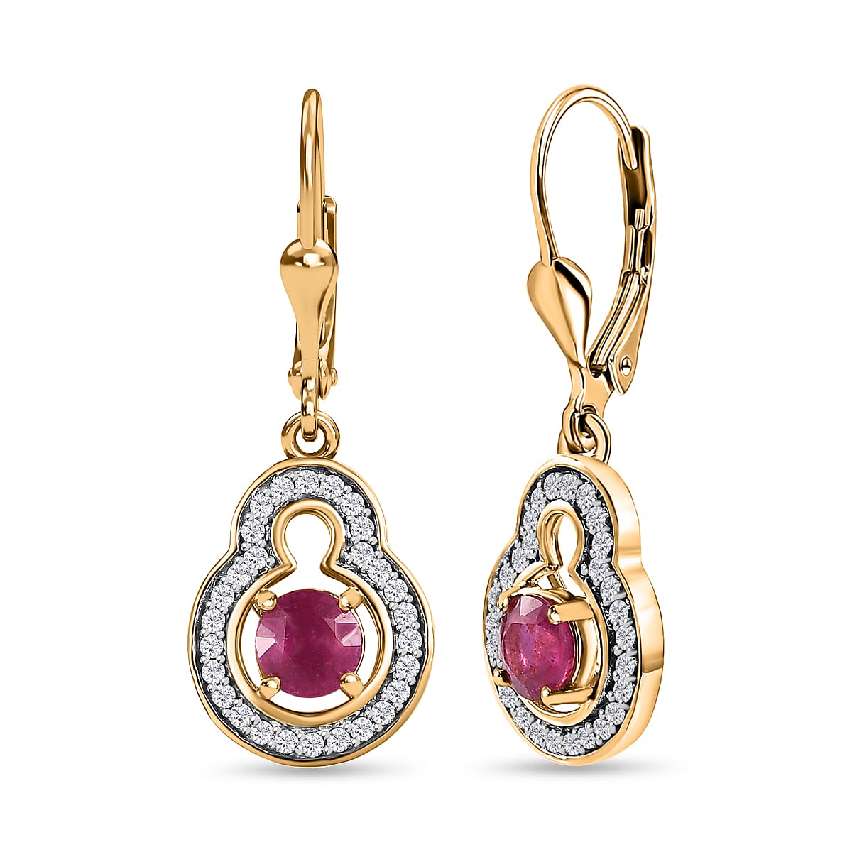 Niassa Ruby & Natural Zircon Earrings in 18K Yellow Gold Vermeil Plated Sterling Silver 2.03 Ct.