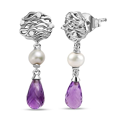 GP Pearl Collection - Amethyst, Fresh Water Pearl & Natural Zircon Dangle Earrings in Platinum Overlay Sterling Silver 7.78 Ct GP Pearl Collection - Amethyst, Fresh Water Pearl & Natural Zircon Dangle Earrings in Platinum Overlay Sterling Silver 7.78 Ct