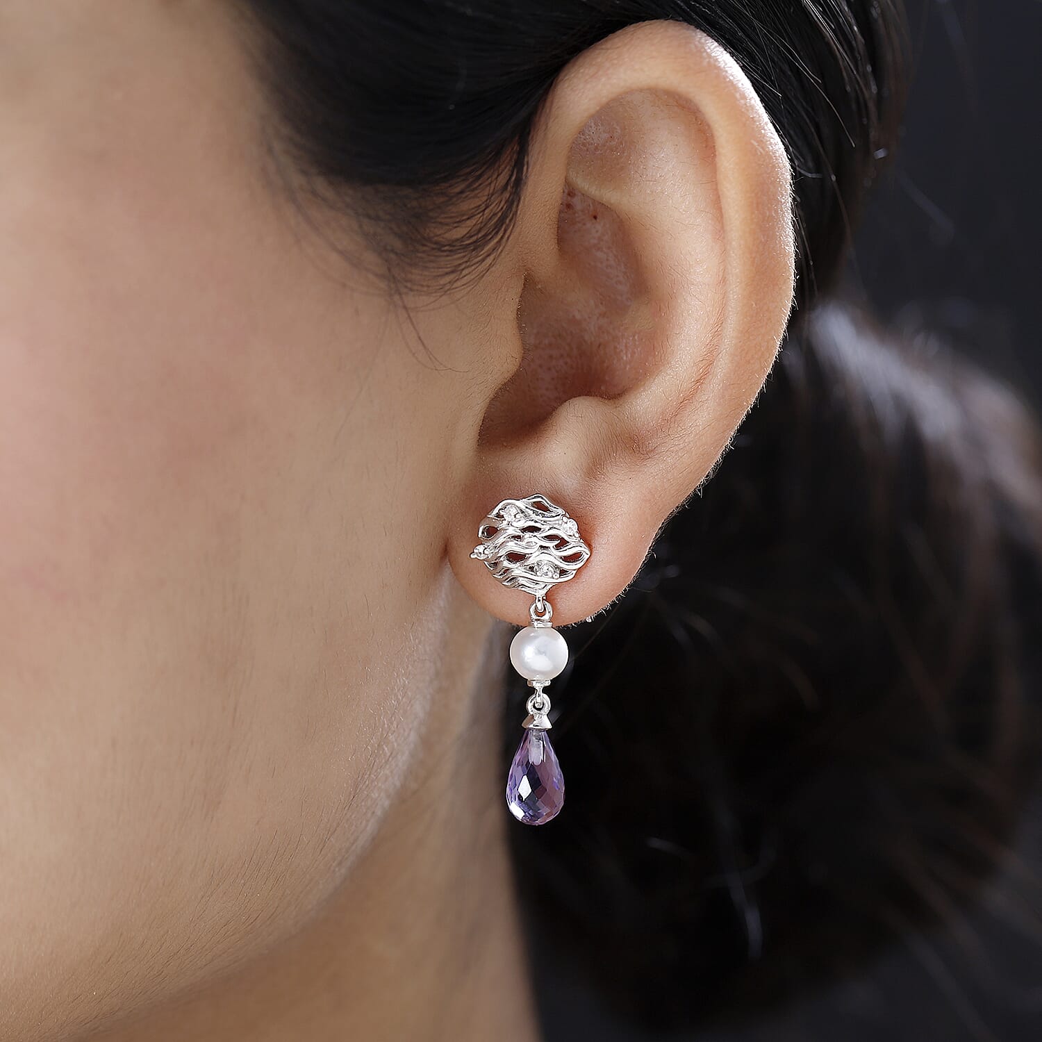 GP Pearl Collection - Amethyst, Fresh Water Pearl & Natural Zircon Dangle Earrings in Platinum Overlay Sterling Silver 7.78 Ct