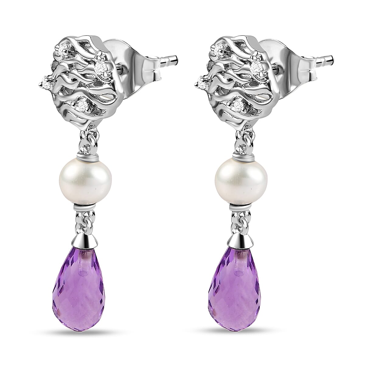 GP Pearl Collection - Amethyst, Fresh Water Pearl & Natural Zircon Dangle Earrings in Platinum Overlay Sterling Silver 7.78 Ct