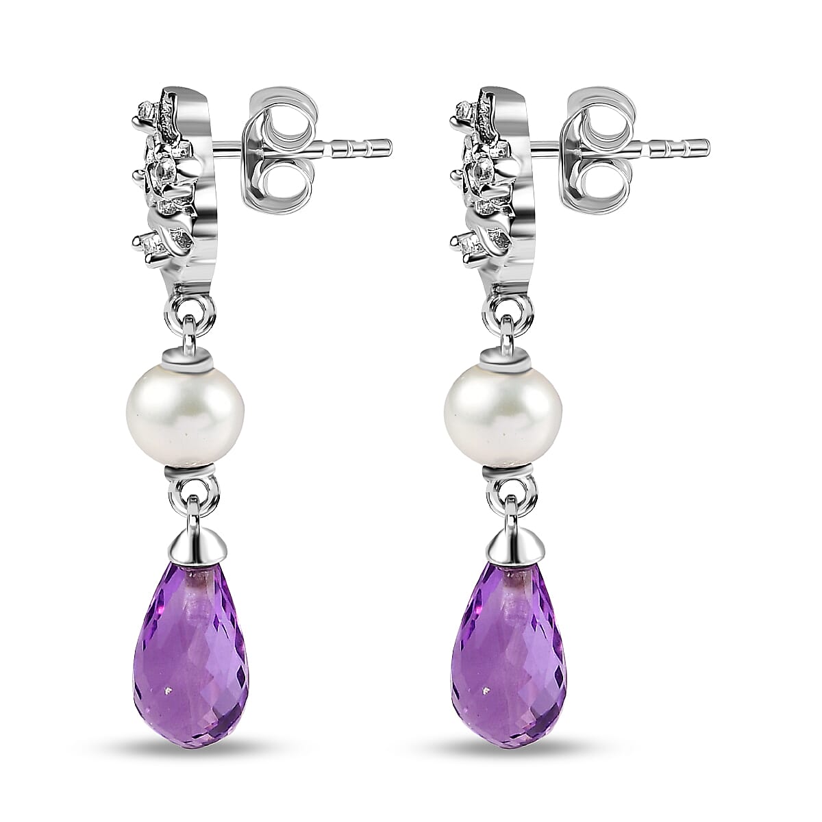 GP Pearl Collection - Amethyst, Fresh Water Pearl & Natural Zircon Dangle Earrings in Platinum Overlay Sterling Silver 7.78 Ct