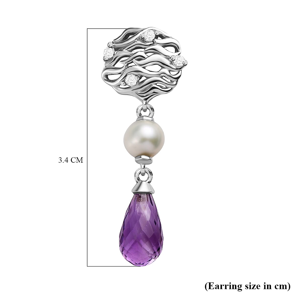 GP Pearl Collection - Amethyst, Fresh Water Pearl & Natural Zircon Dangle Earrings in Platinum Overlay Sterling Silver 7.78 Ct