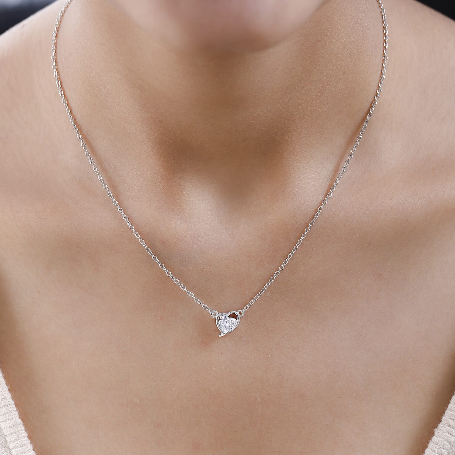 NY Closeout - Cubic Zirconia Heart Necklace (Size - 20) in Platinum Overlay Sterling Silver