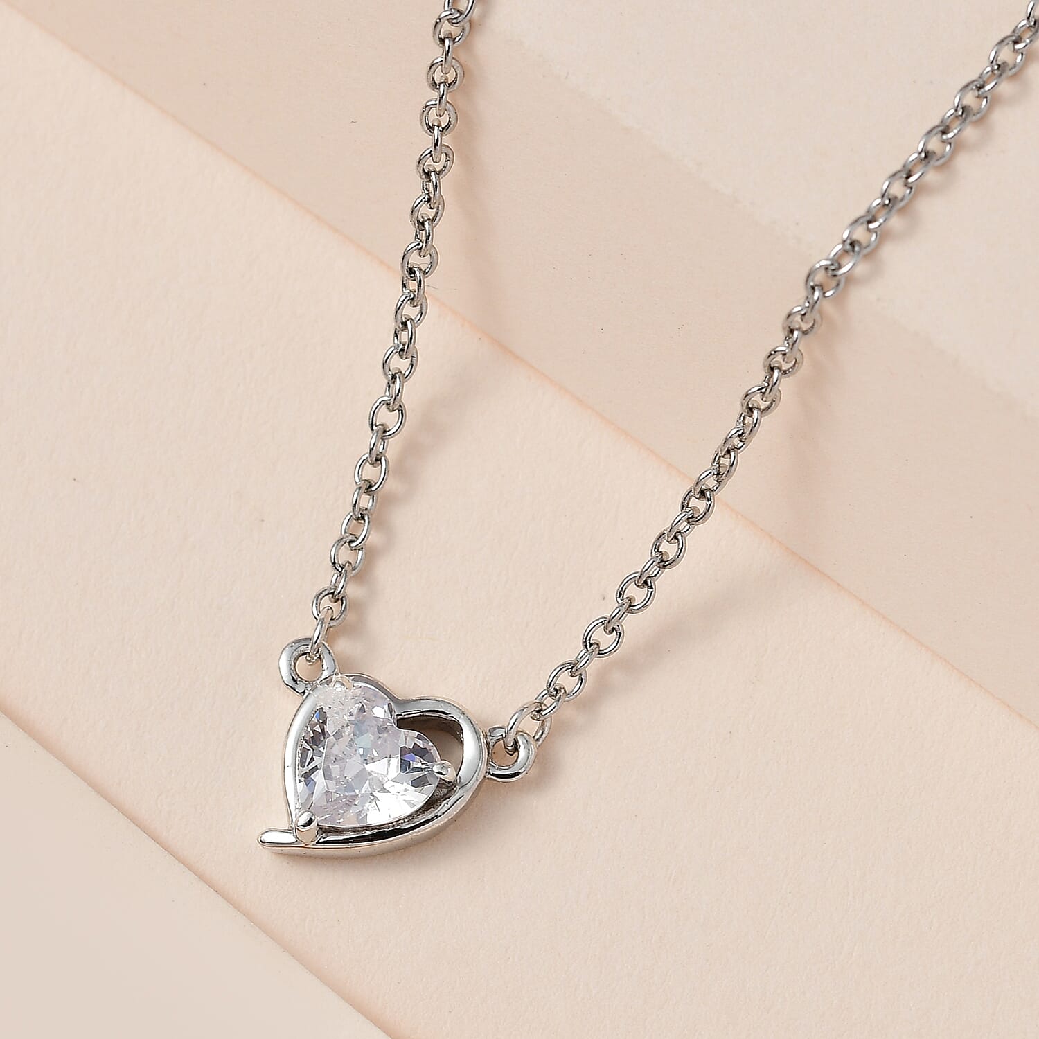 NY Closeout - Cubic Zirconia Heart Necklace (Size - 20) in Platinum Overlay Sterling Silver