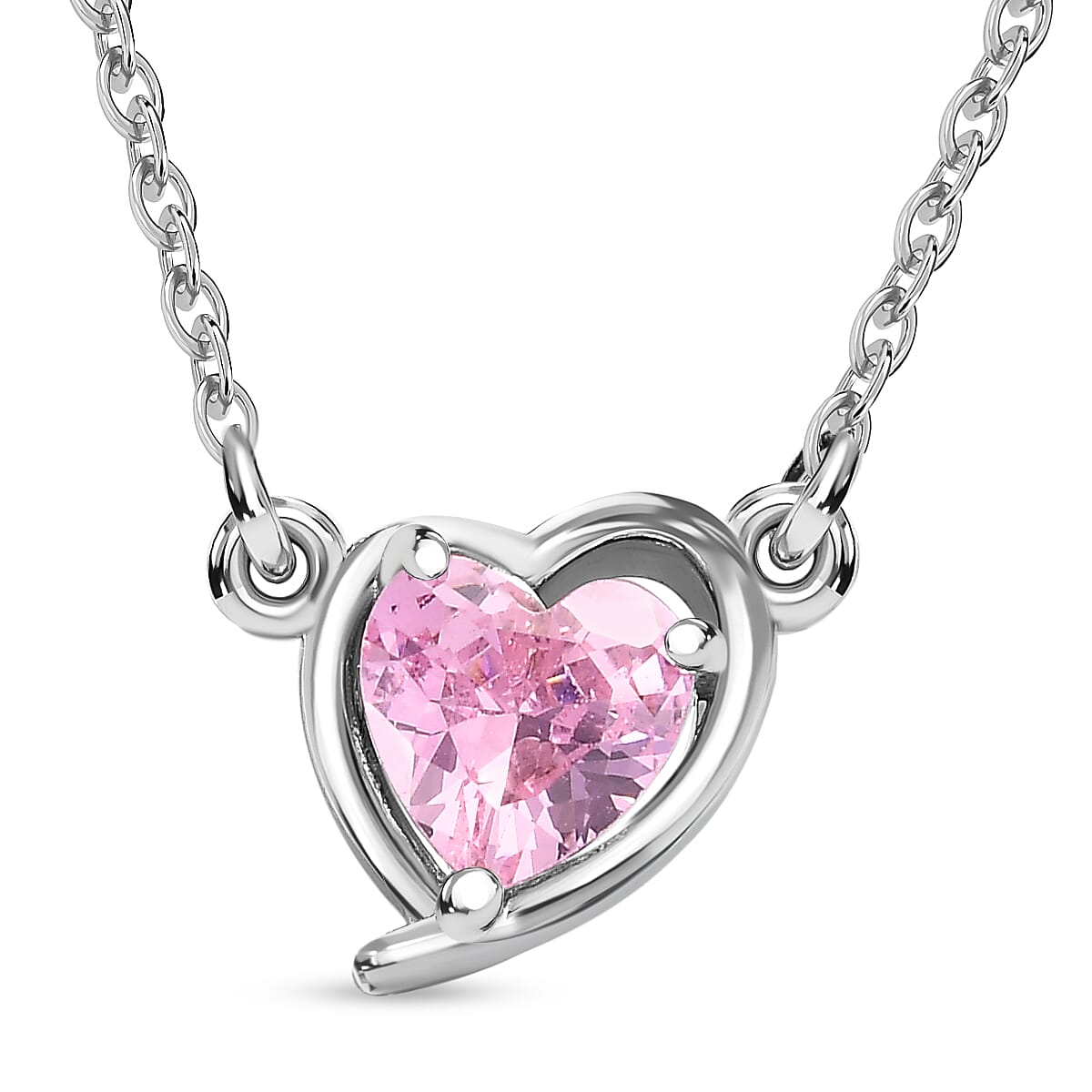 NY Closeout - Simulated Pink Sapphire Heart Necklace (Size - 20) in Platinum Overlay Sterling Silver 1.38 Ct.