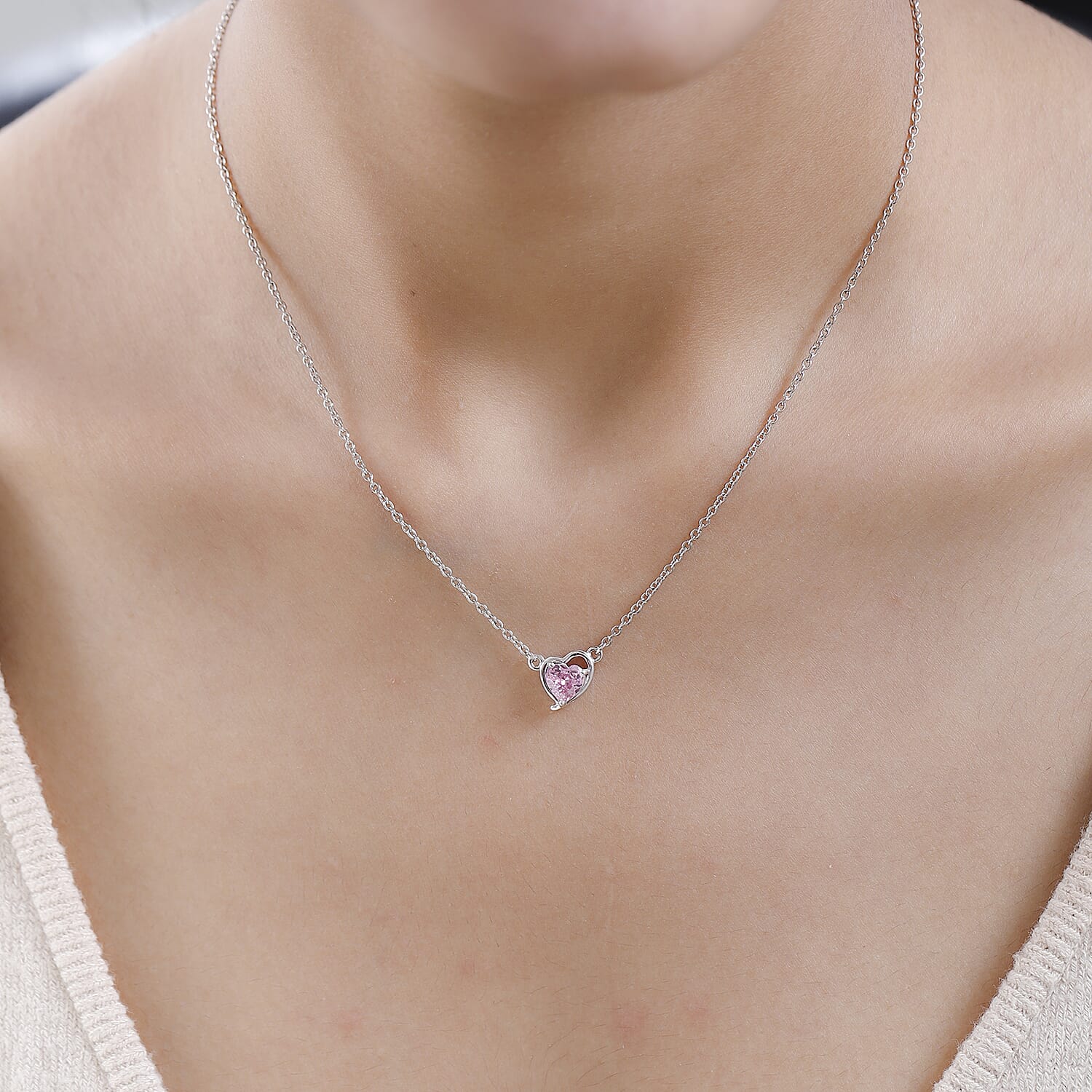 NY Closeout - Simulated Pink Sapphire Heart Necklace (Size - 20) in Platinum Overlay Sterling Silver 1.38 Ct.