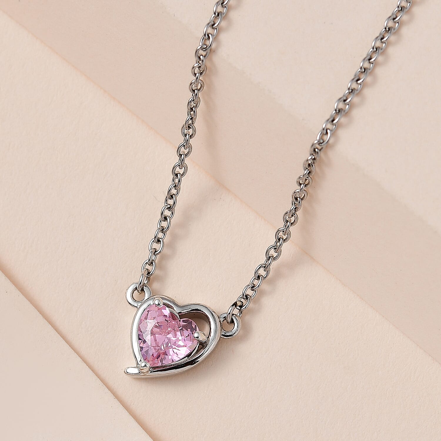 NY Closeout - Simulated Pink Sapphire Heart Necklace (Size - 20) in Platinum Overlay Sterling Silver 1.38 Ct.