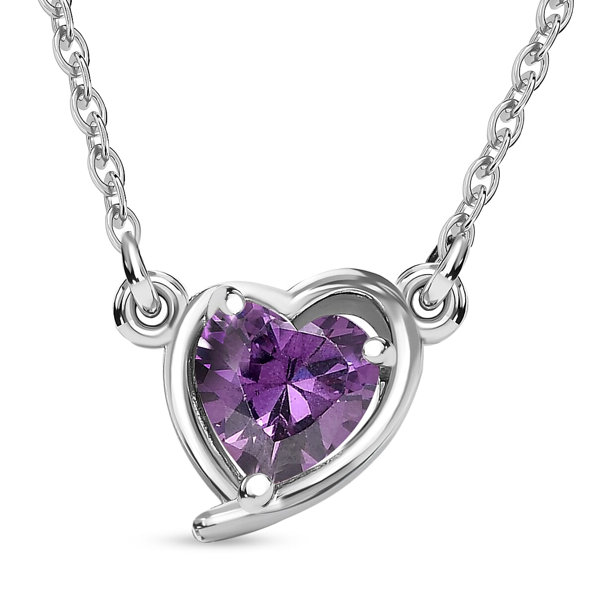 NY Closeout - Simulated Purple Sapphire Heart Necklace (Size - 20) in Platinum Overlay Sterling Silver 1.34 Ct.
