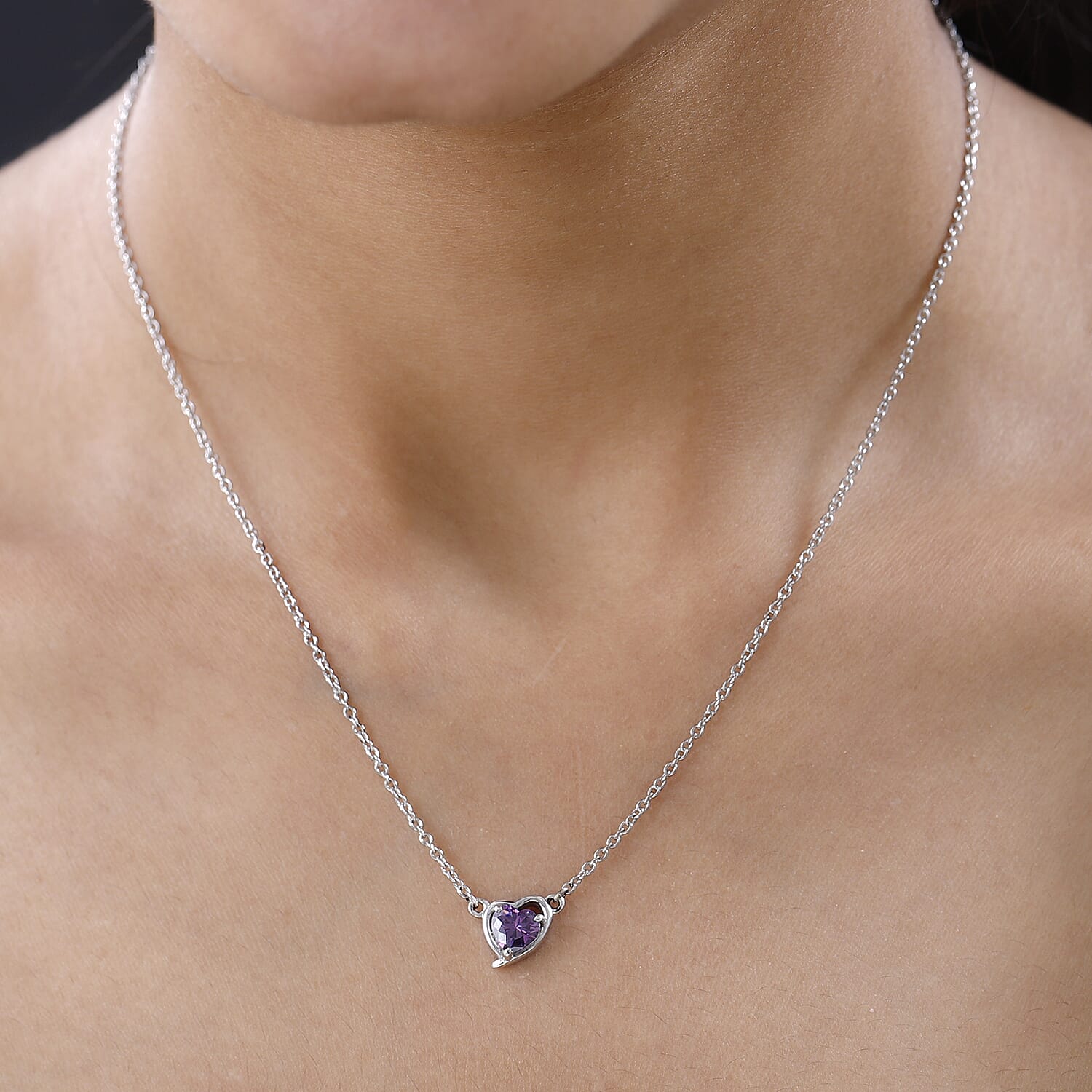 NY Closeout - Simulated Purple Sapphire Heart Necklace (Size - 20) in Platinum Overlay Sterling Silver 1.34 Ct.