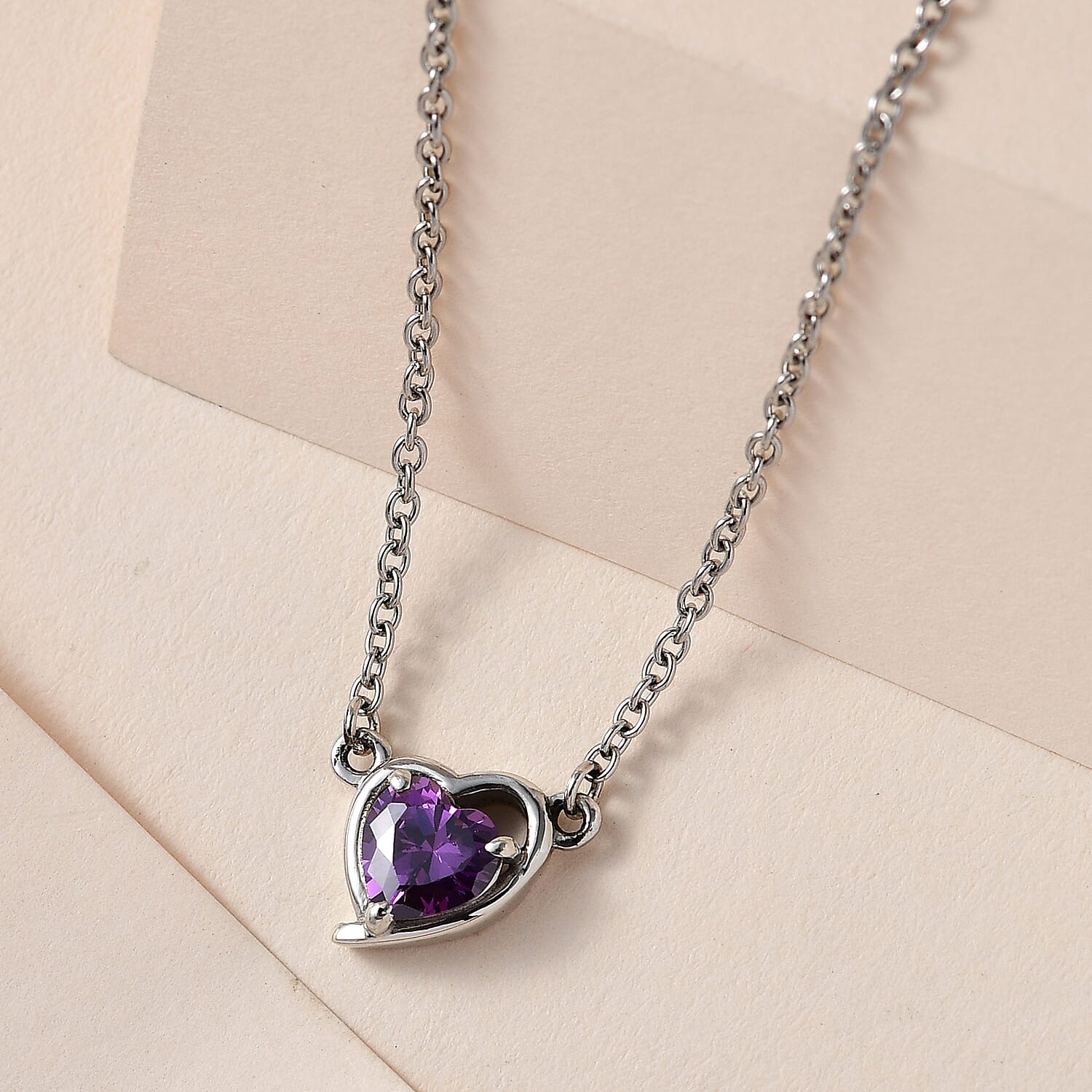 NY Closeout - Simulated Purple Sapphire Heart Necklace (Size - 20) in Platinum Overlay Sterling Silver 1.34 Ct.
