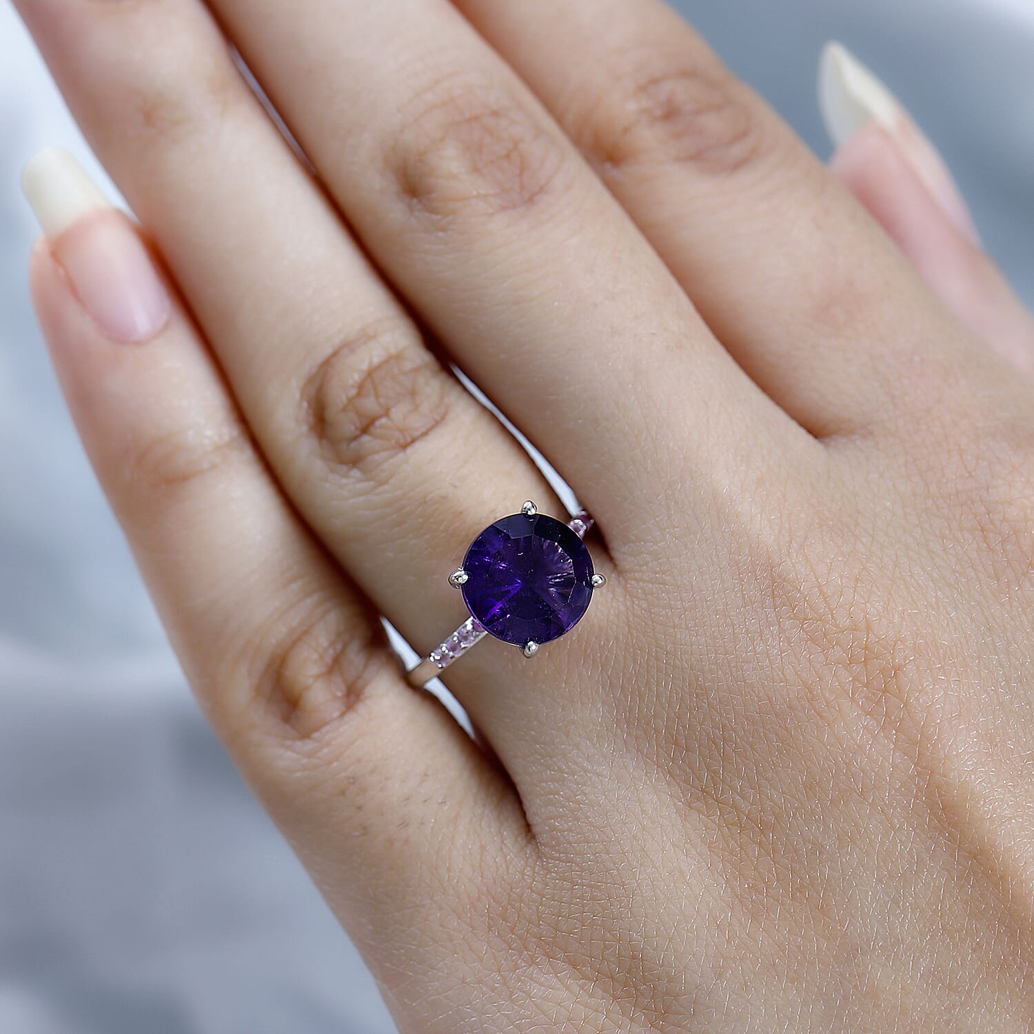 Amethyst & Pink Sapphire Ring in Platinum Overlay Sterling Silver, 3.70 Ct.