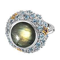 GP Collection Labradorite and Multi Gemstone Ring in 18K Vermeil Yellow Gold Plated Sterling Silver 8.28 Ct, Silver Wt. 7 Gms