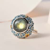 GP Collection Labradorite and Multi Gemstone Ring in 18K Vermeil Yellow Gold Plated Sterling Silver 8.28 Ct, Silver Wt. 7 Gms