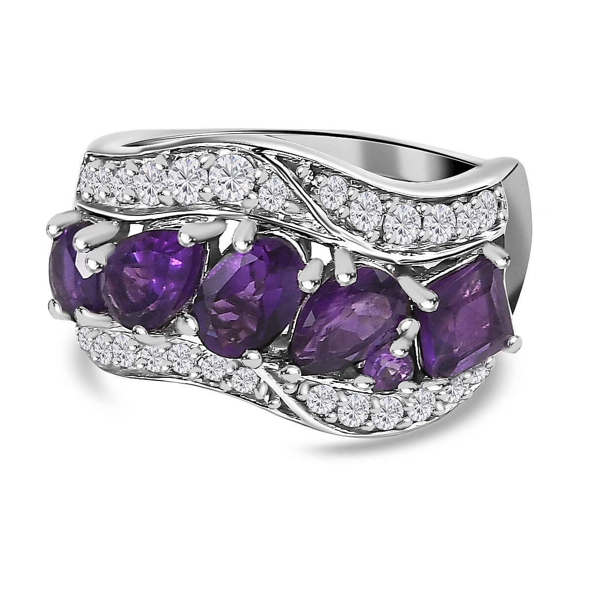 GP Art Deco Collection - Amethyst & Natural Zircon Ring in Platinum Overlay Sterling Silver 2.43 Ct