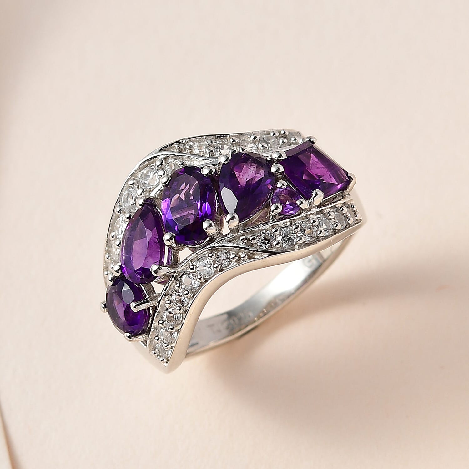 GP Art Deco Collection - Amethyst & Natural Zircon Ring in Platinum Overlay Sterling Silver 2.43 Ct