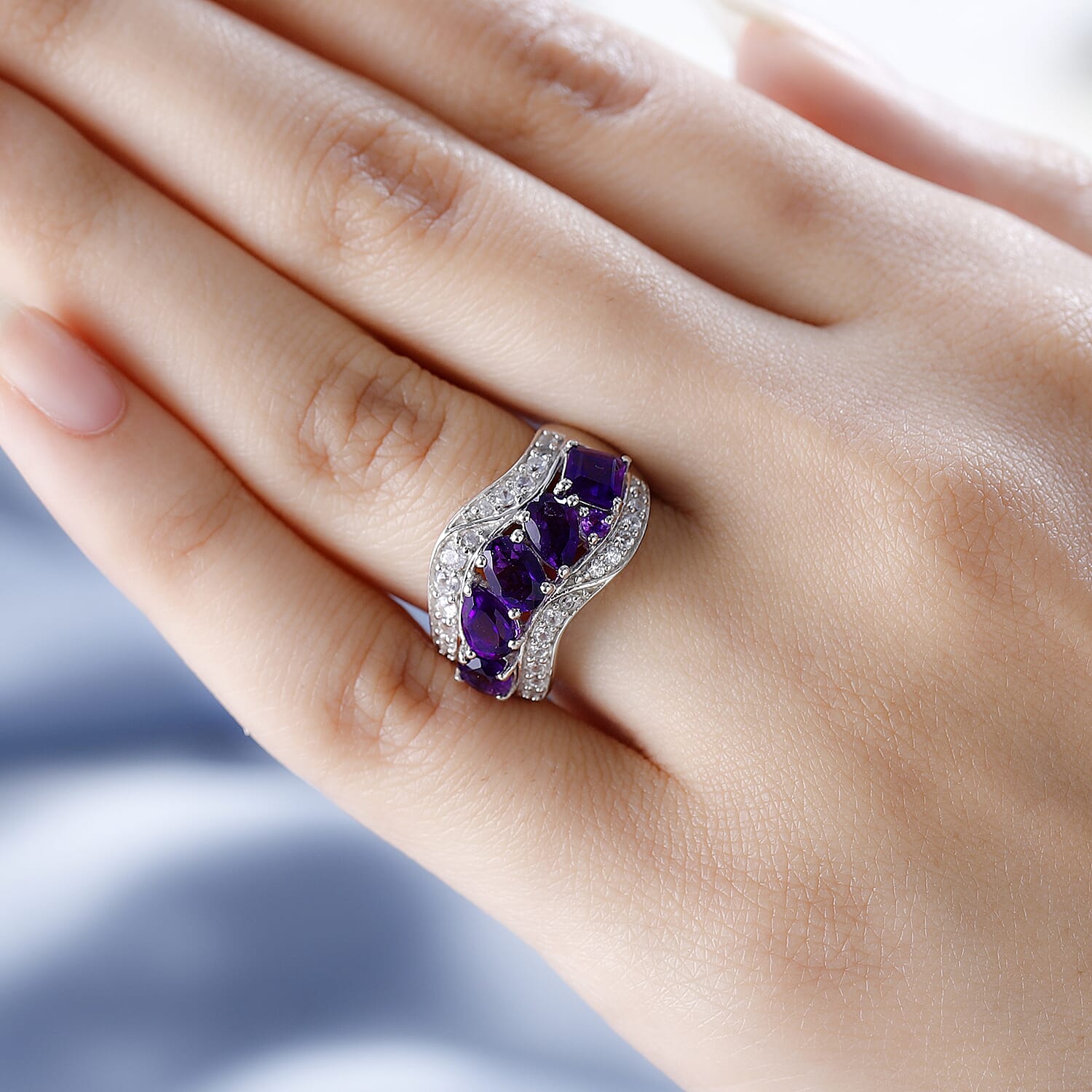 GP Art Deco Collection - Amethyst & Natural Zircon Ring in Platinum Overlay Sterling Silver 2.43 Ct