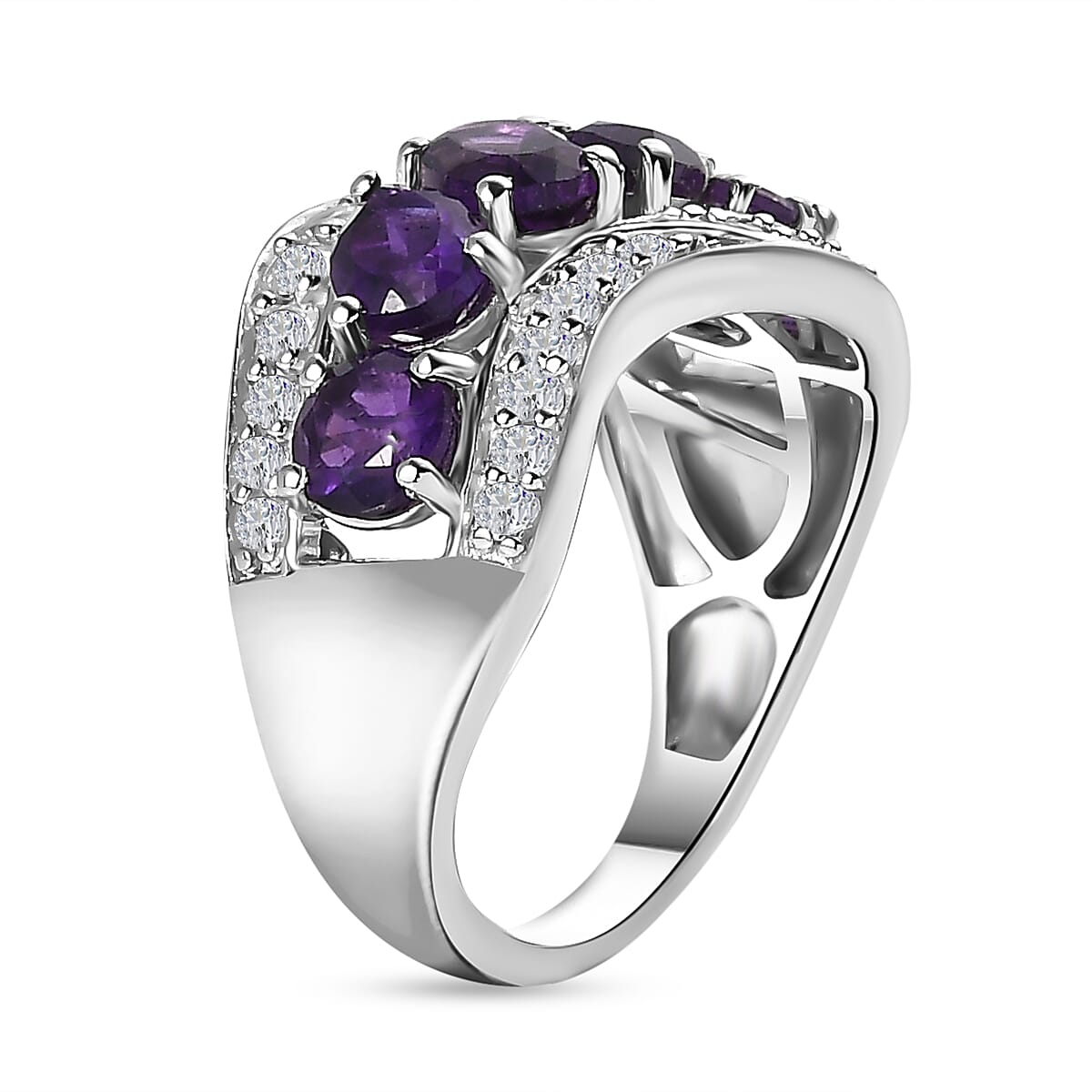 GP Art Deco Collection - Amethyst & Natural Zircon Ring in Platinum Overlay Sterling Silver 2.43 Ct
