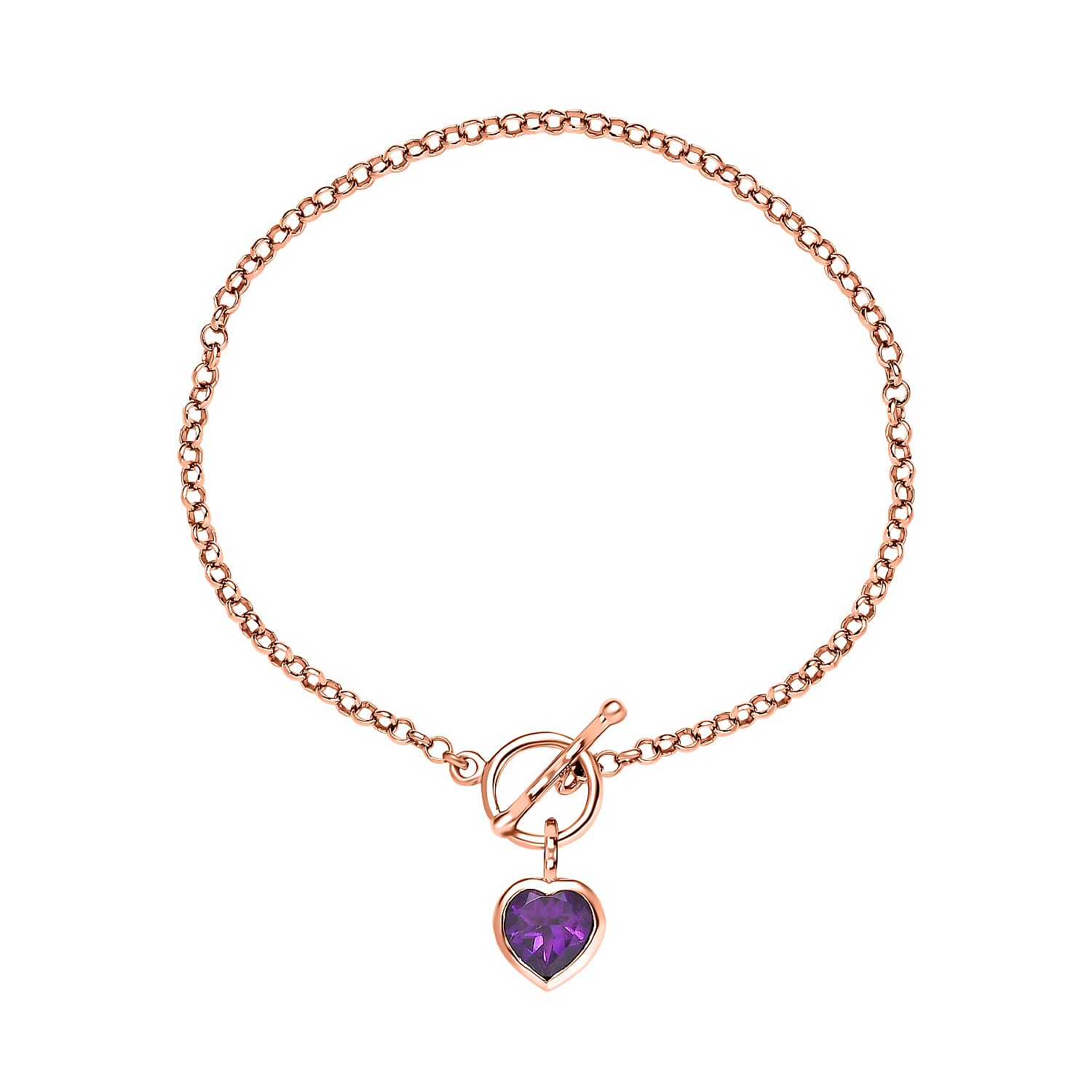 Rose De France Amethyst Heart Charm Bracelet (Size - 7.5) T-Bar Clasp in 14K Rose Gold Overlay Sterling Silver 1.67 Ct.