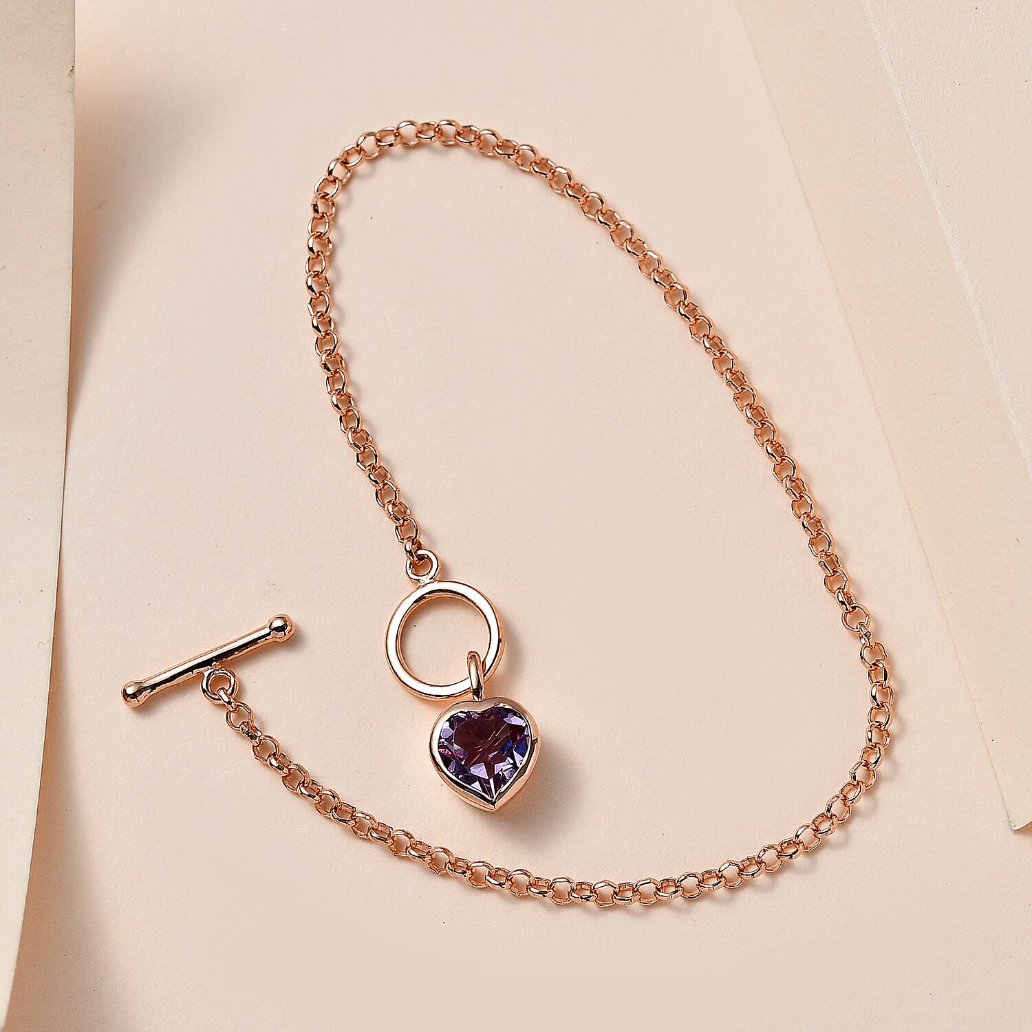 Rose De France Amethyst Heart Charm Bracelet (Size - 7.5) T-Bar Clasp in 14K Rose Gold Overlay Sterling Silver 1.67 Ct.