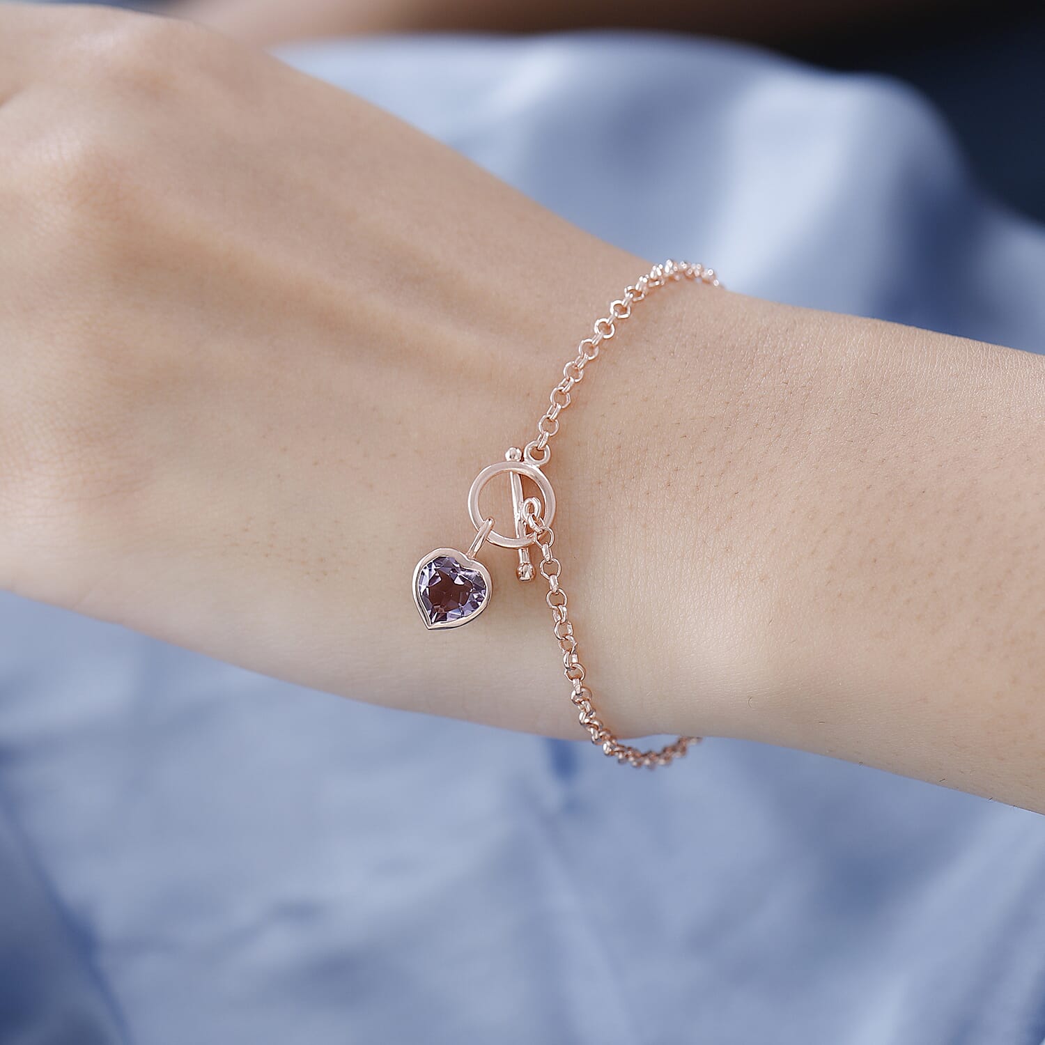 Rose De France Amethyst Heart Charm Bracelet (Size - 7.5) T-Bar Clasp in 14K Rose Gold Overlay Sterling Silver 1.67 Ct.