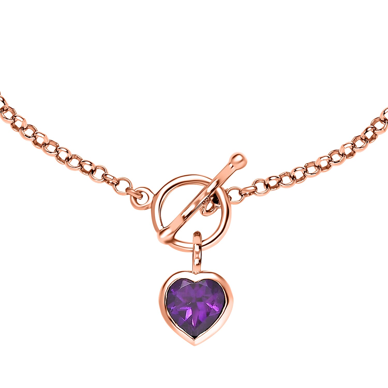 Rose De France Amethyst Heart Charm Bracelet (Size - 7.5) T-Bar Clasp in 14K Rose Gold Overlay Sterling Silver 1.67 Ct.