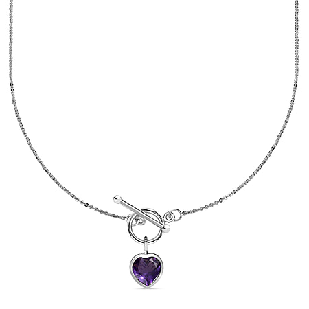 Amethyst Heart Charms Necklace (Size - 20) With T-Bar Clasp in Platinum Overlay Sterling Silver