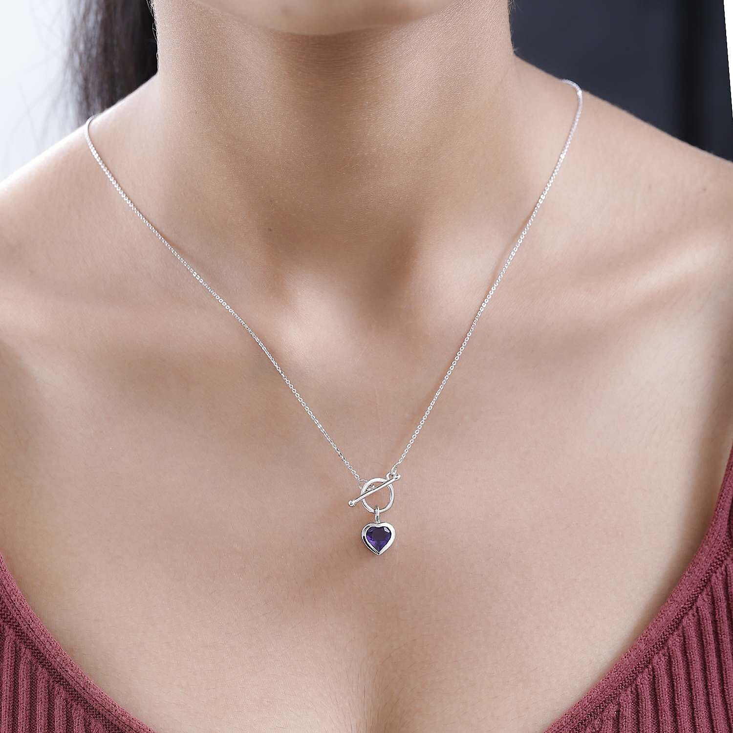 Amethyst Heart Charms Necklace (Size - 20) With T-Bar Clasp in Platinum Overlay Sterling Silver