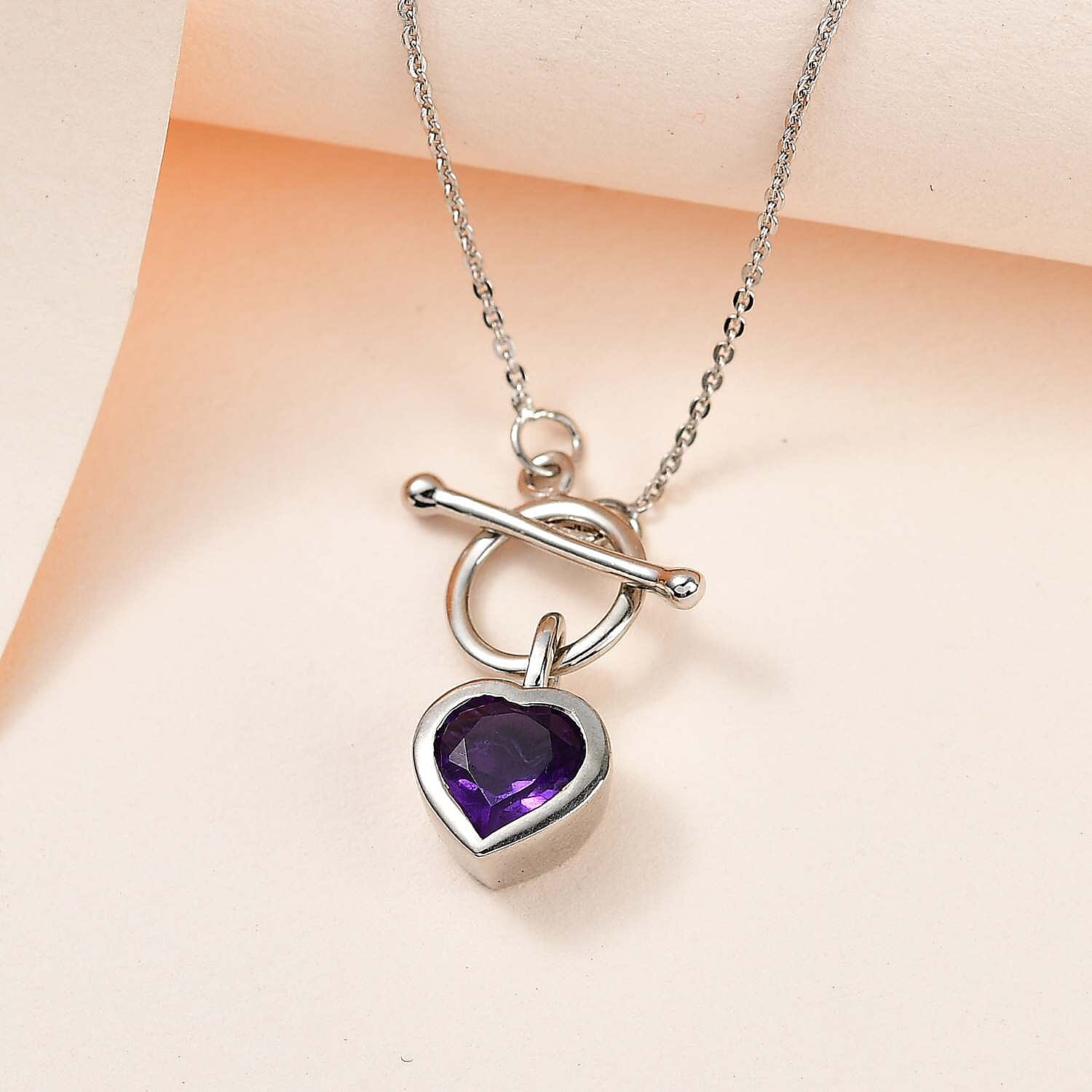 Amethyst Heart Charms Necklace (Size - 20) With T-Bar Clasp in Platinum Overlay Sterling Silver