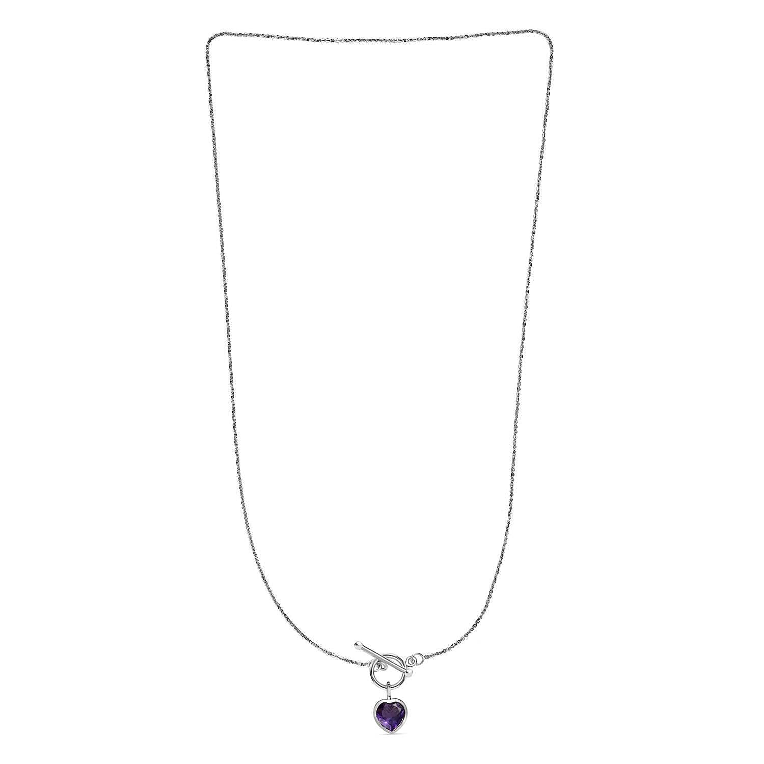 Amethyst Heart Charms Necklace (Size - 20) With T-Bar Clasp in Platinum Overlay Sterling Silver