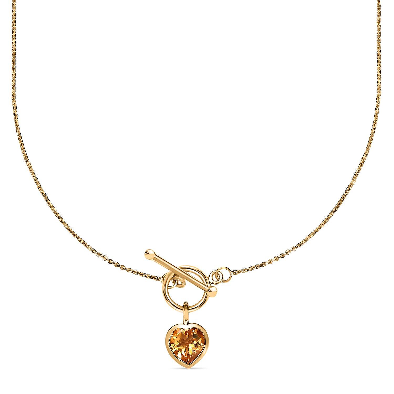 Citrine Heart Charms Necklace (Size - 20) With T-Bar Clasp in 14K Gold Overlay Sterling Silver 1.60 Ct