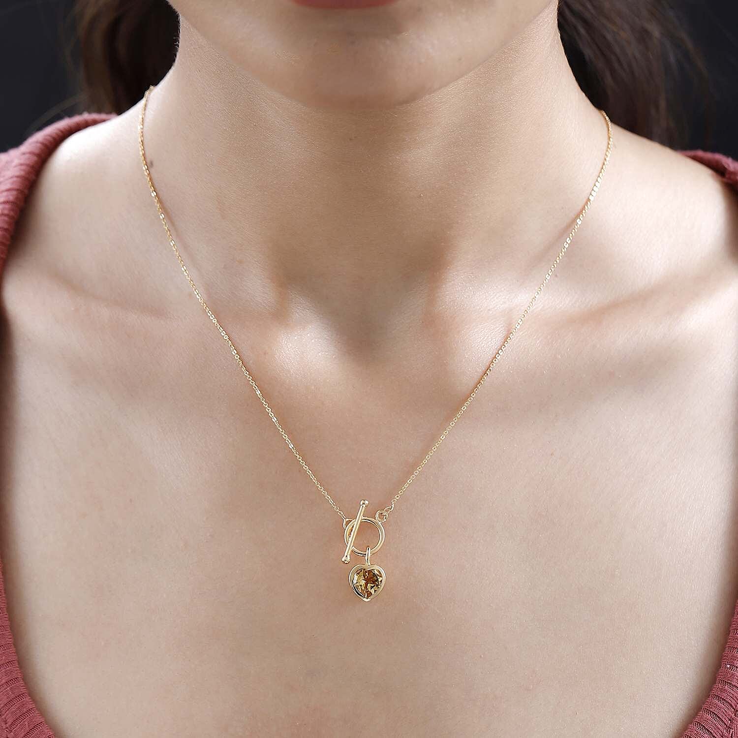 Citrine Heart Charms Necklace (Size - 20) With T-Bar Clasp in 14K Gold Overlay Sterling Silver 1.60 Ct