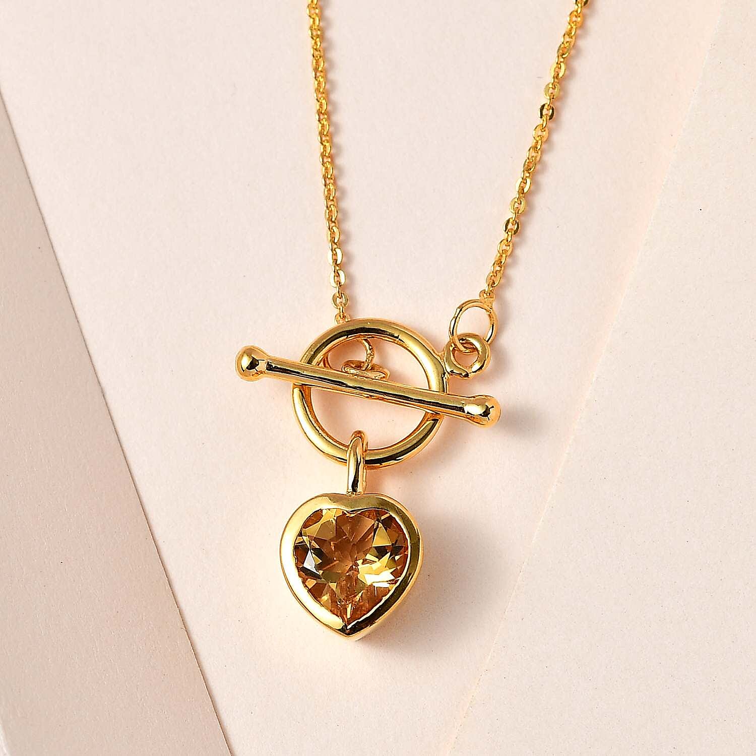 Citrine Heart Charms Necklace (Size - 20) With T-Bar Clasp in 14K Gold Overlay Sterling Silver 1.60 Ct