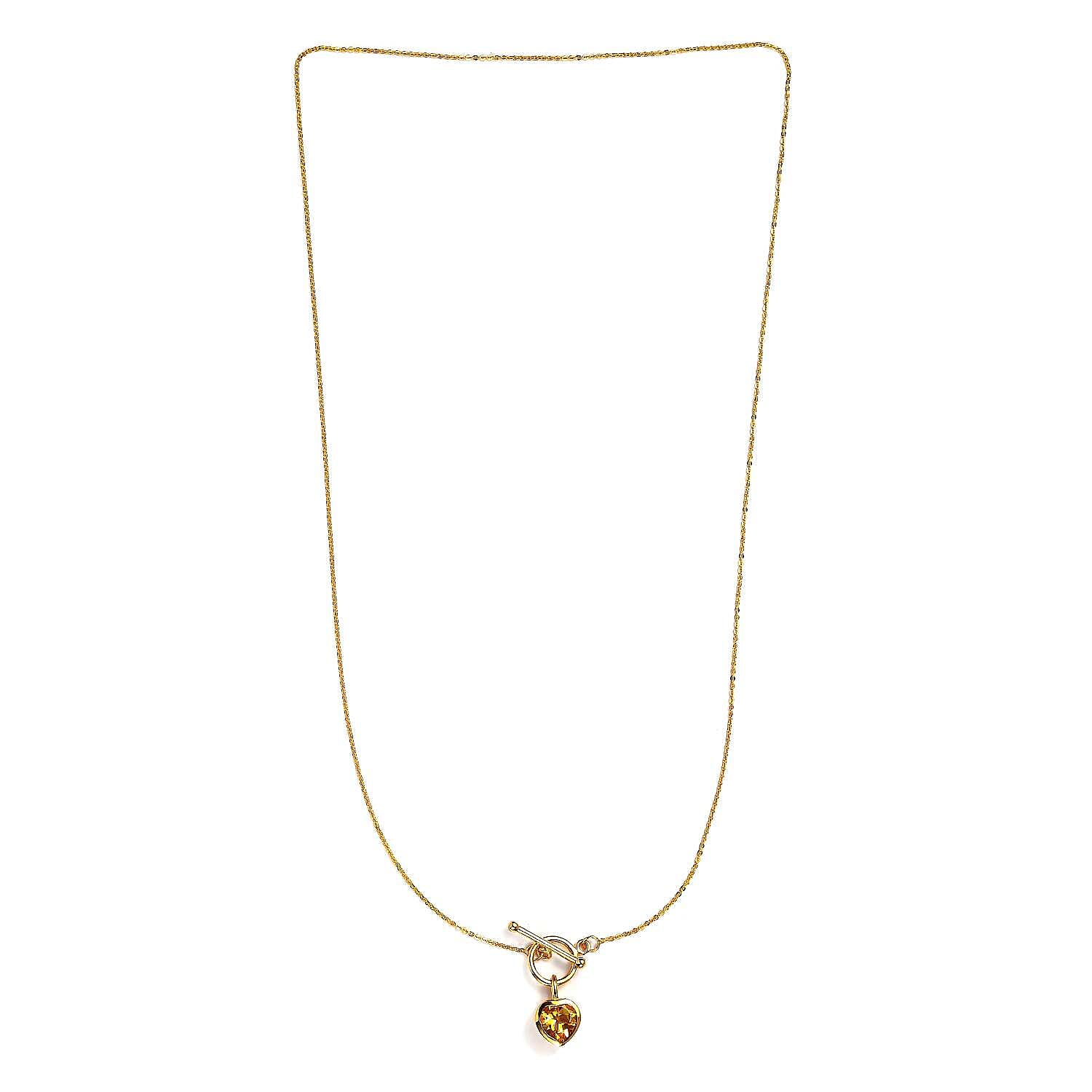 Citrine Heart Charms Necklace (Size - 20) With T-Bar Clasp in 14K Gold Overlay Sterling Silver 1.60 Ct