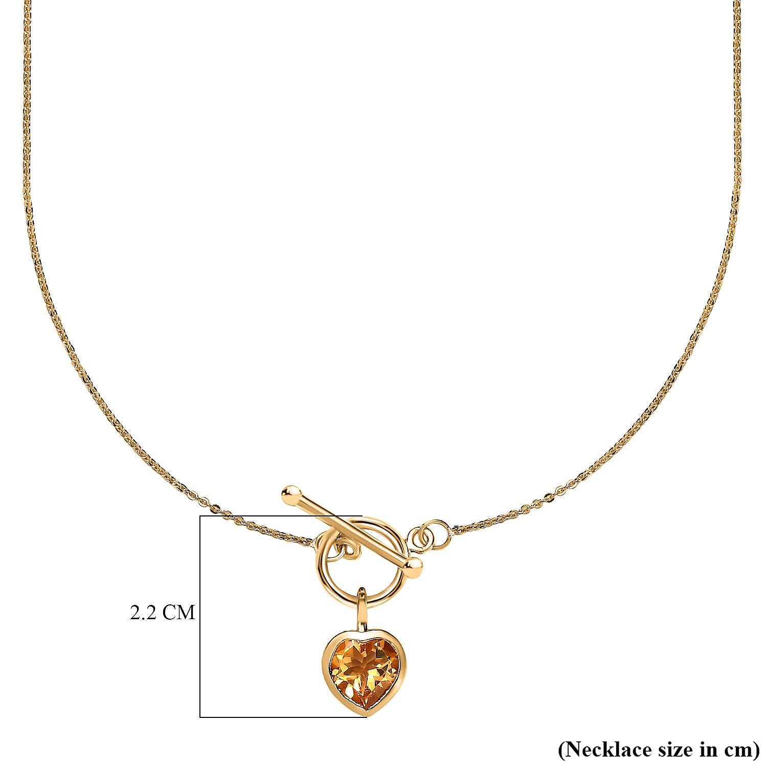 Citrine Heart Charms Necklace (Size - 20) With T-Bar Clasp in 14K Gold Overlay Sterling Silver 1.60 Ct