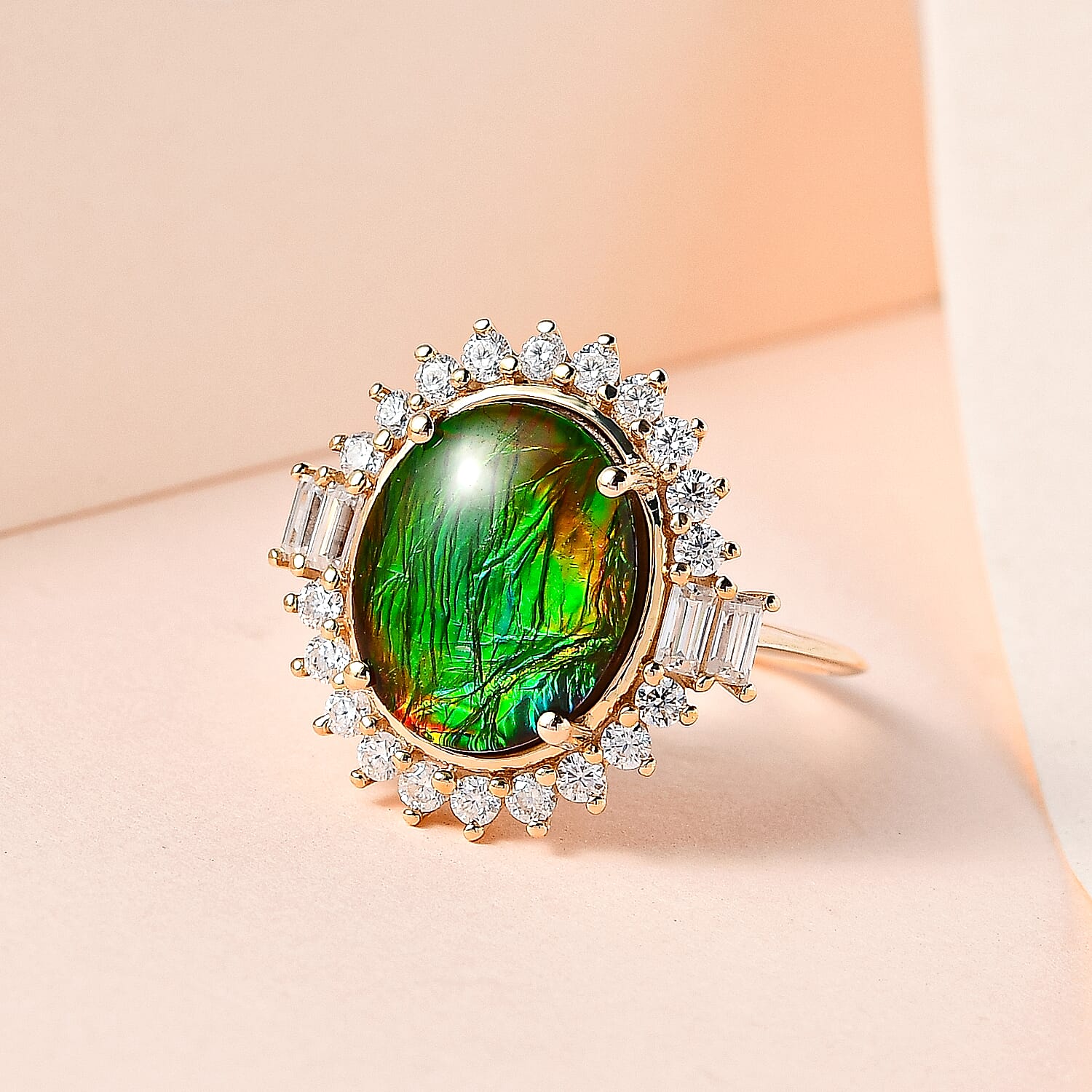 9K Yellow Gold Ammolite and Moissanite Ring 4.04 Ct