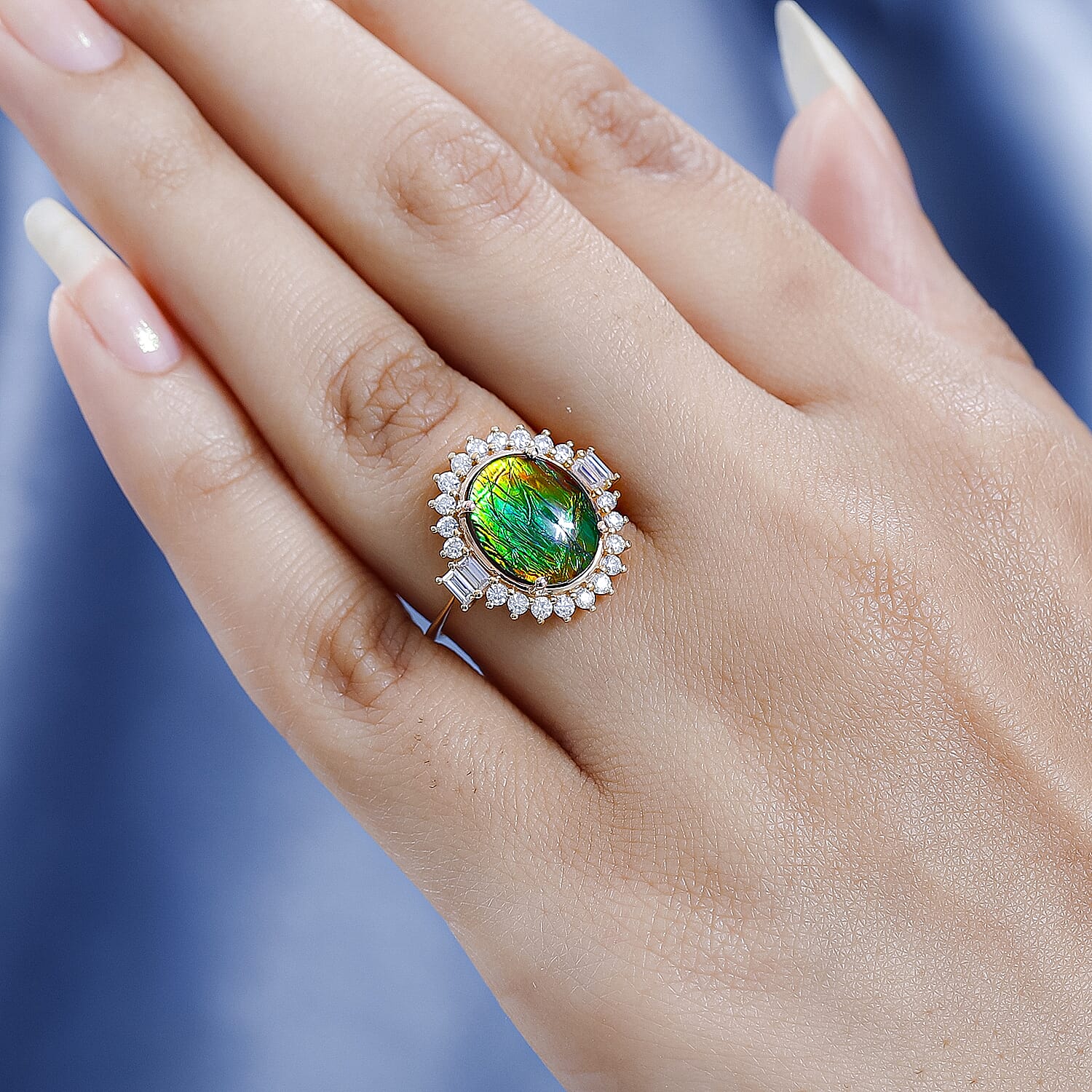9K Yellow Gold Ammolite and Moissanite Ring 4.04 Ct