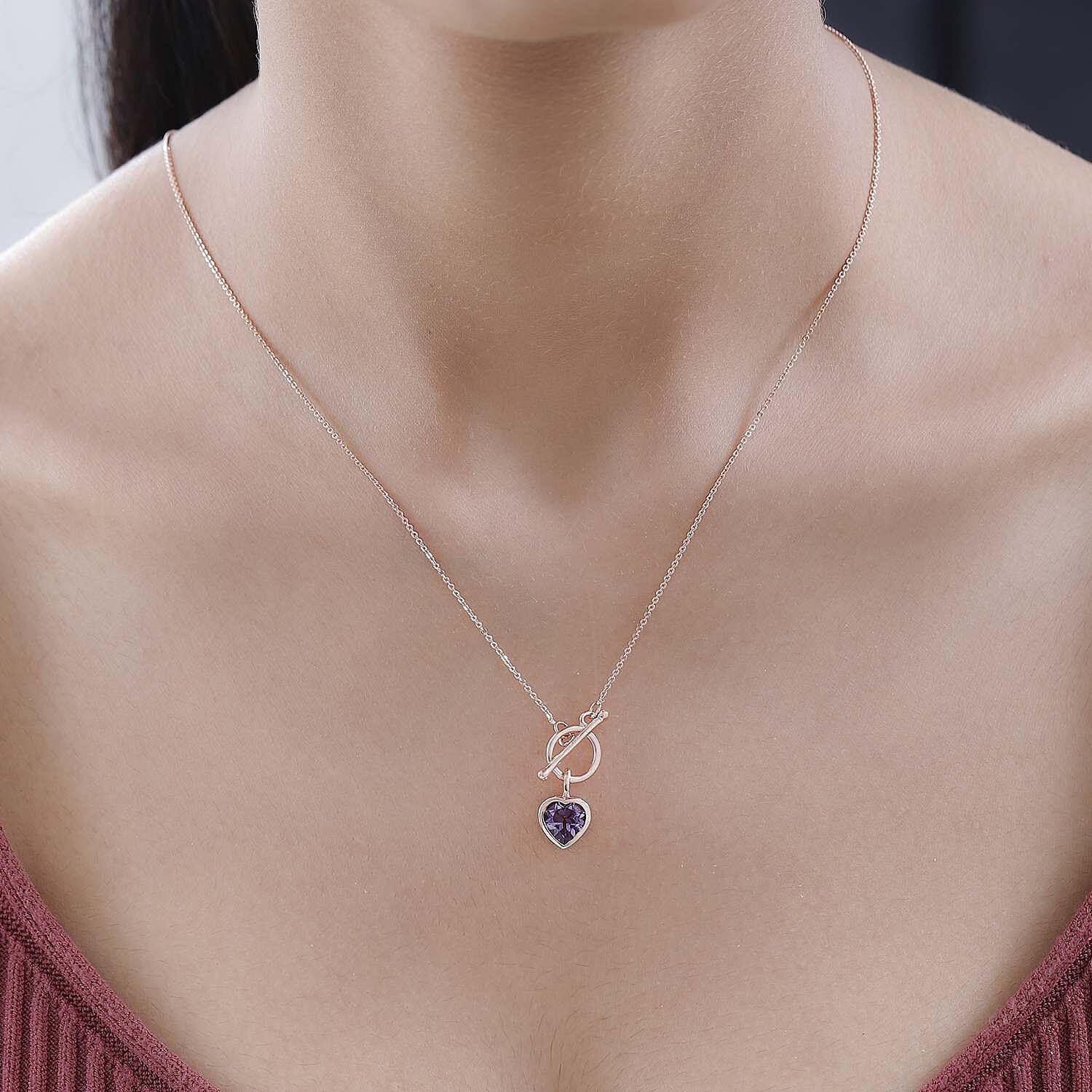 Rose De France Amethyst Heart Necklace (Size - 20) With T-Bar Clasp in 14K RG Overlay Sterling Silver 1.50 Ct