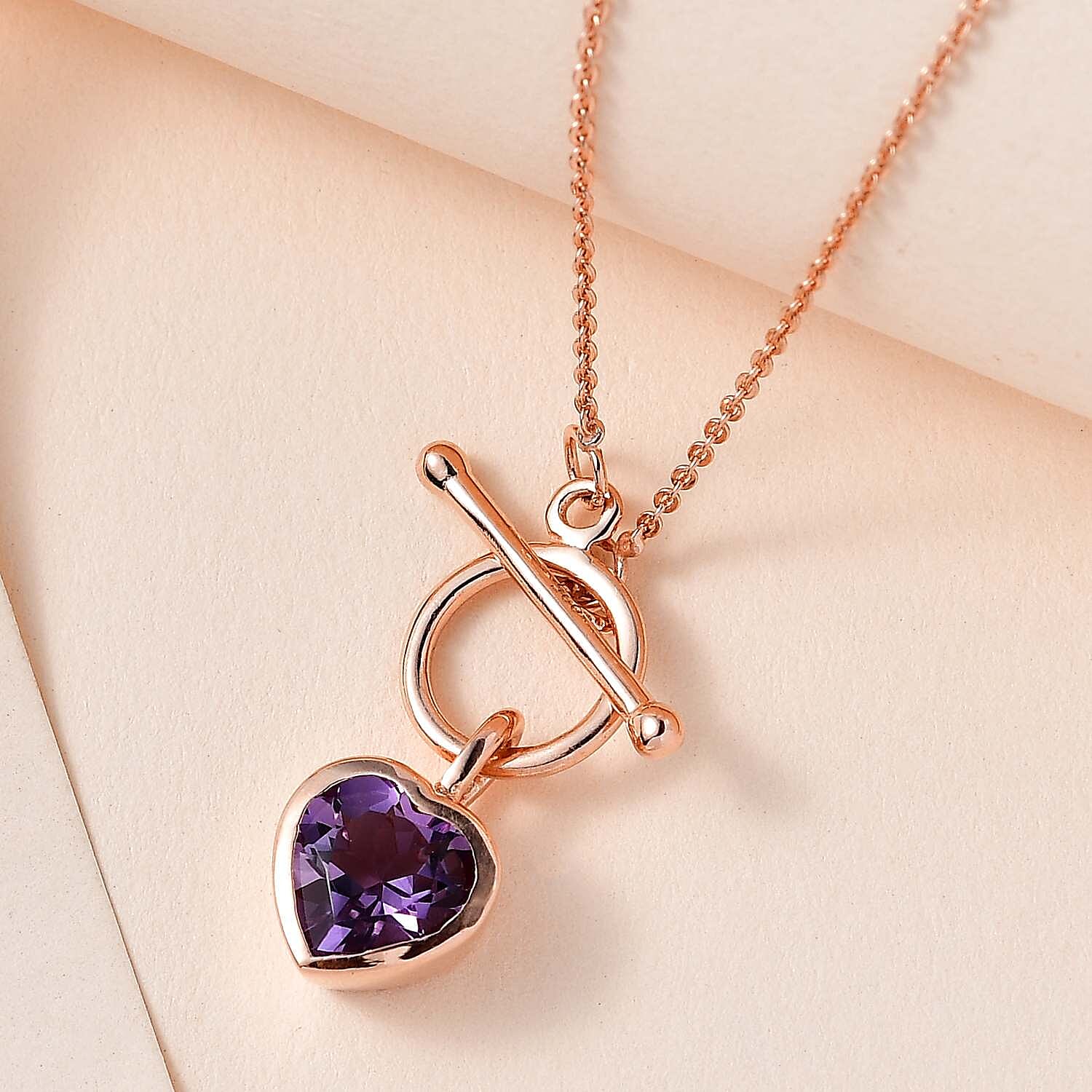 Rose De France Amethyst Heart Necklace (Size - 20) With T-Bar Clasp in 14K RG Overlay Sterling Silver 1.50 Ct