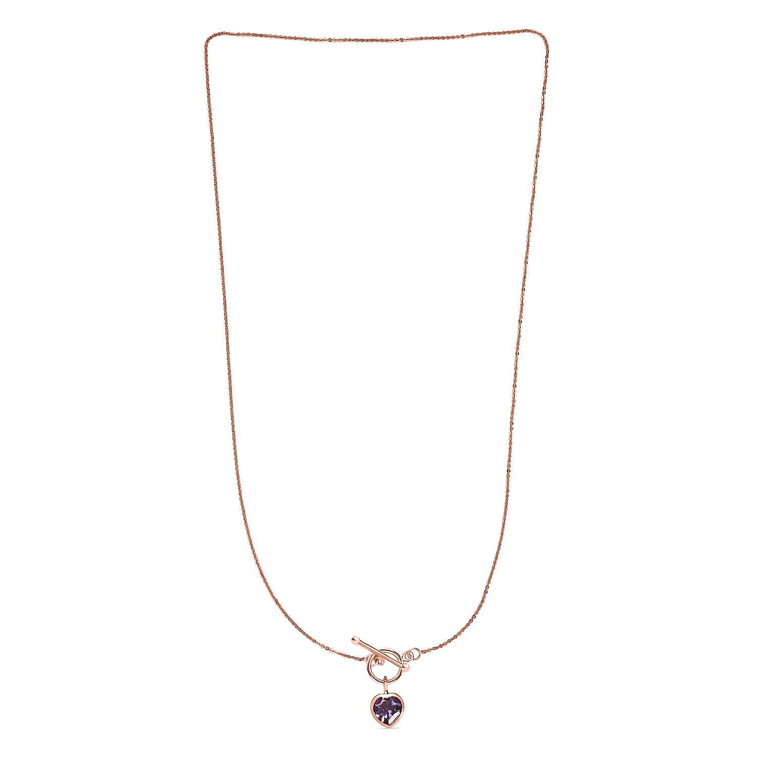 Rose De France Amethyst Heart Necklace (Size - 20) With T-Bar Clasp in 14K RG Overlay Sterling Silver 1.50 Ct