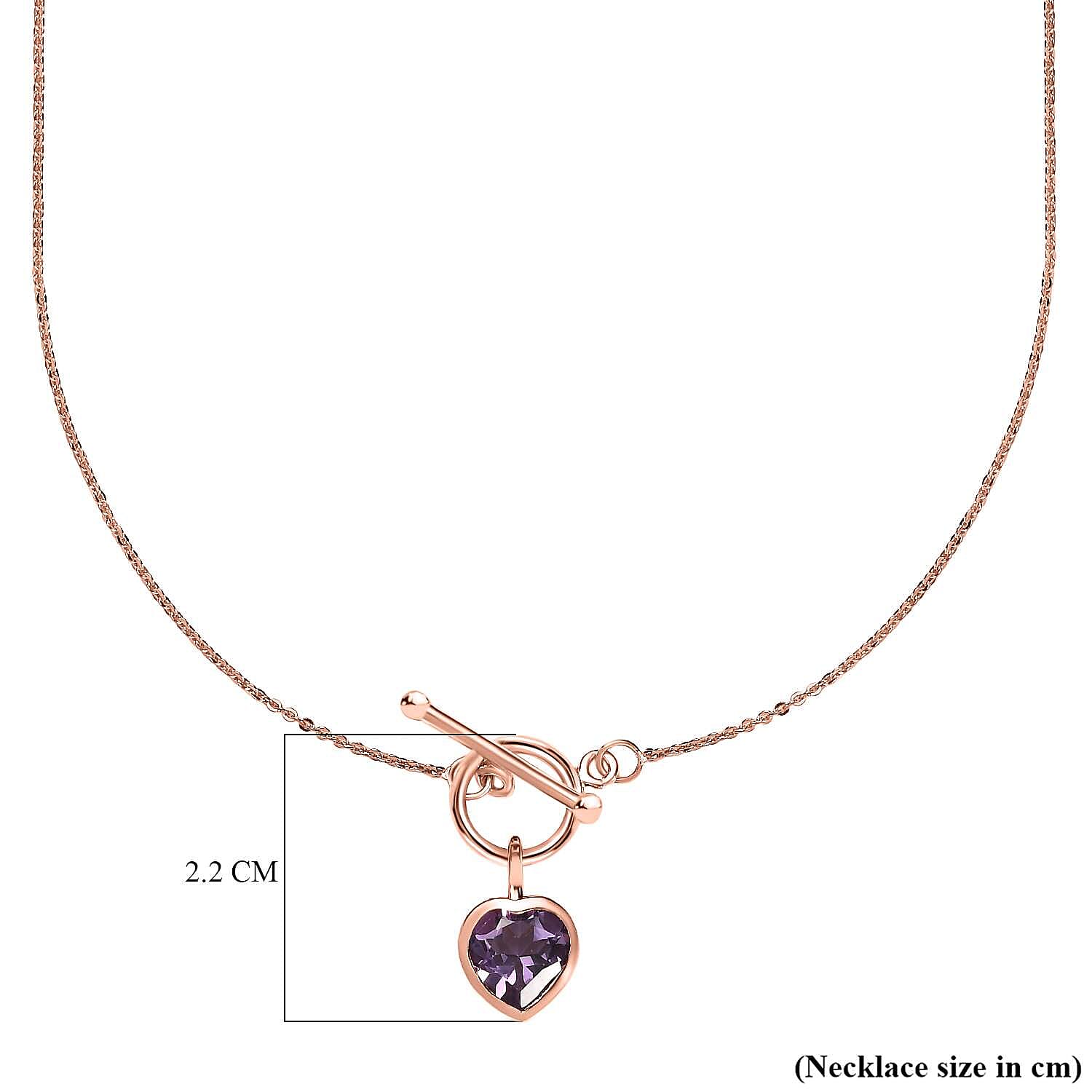 Rose De France Amethyst Heart Necklace (Size - 20) With T-Bar Clasp in 14K RG Overlay Sterling Silver 1.50 Ct
